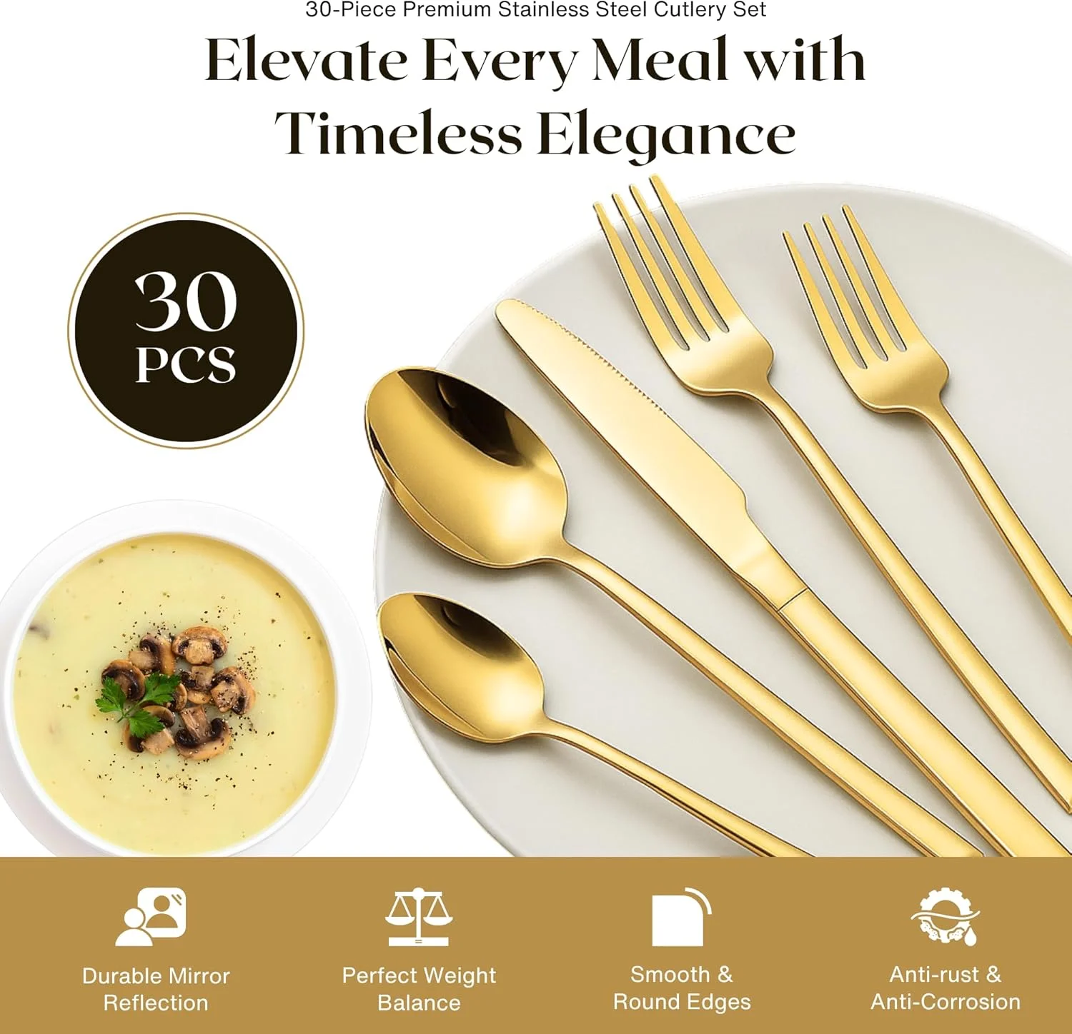 ست столовых приборов 30 تکه نکسو با روکش طلای تیتانیومی | ست столовых приборов شیک برای 6 نفر با ظروف سرو - پرداخت آینه ای ممتاز | چاقو، چنگال، قاشق و قاشق چایخوری | قابل شستشو در ماشین ظرفشویی ست столовых приборов 30 تکه نکسو با روکش طلای تیتانیومی | ست столовых приборов شیک برای 6 نفر با ظروف سرو - پرداخت آینه ای ممتاز | چاقو، چنگال، قاشق و قاشق چایخوری | قابل شستشو در ماشین ظرفشویی