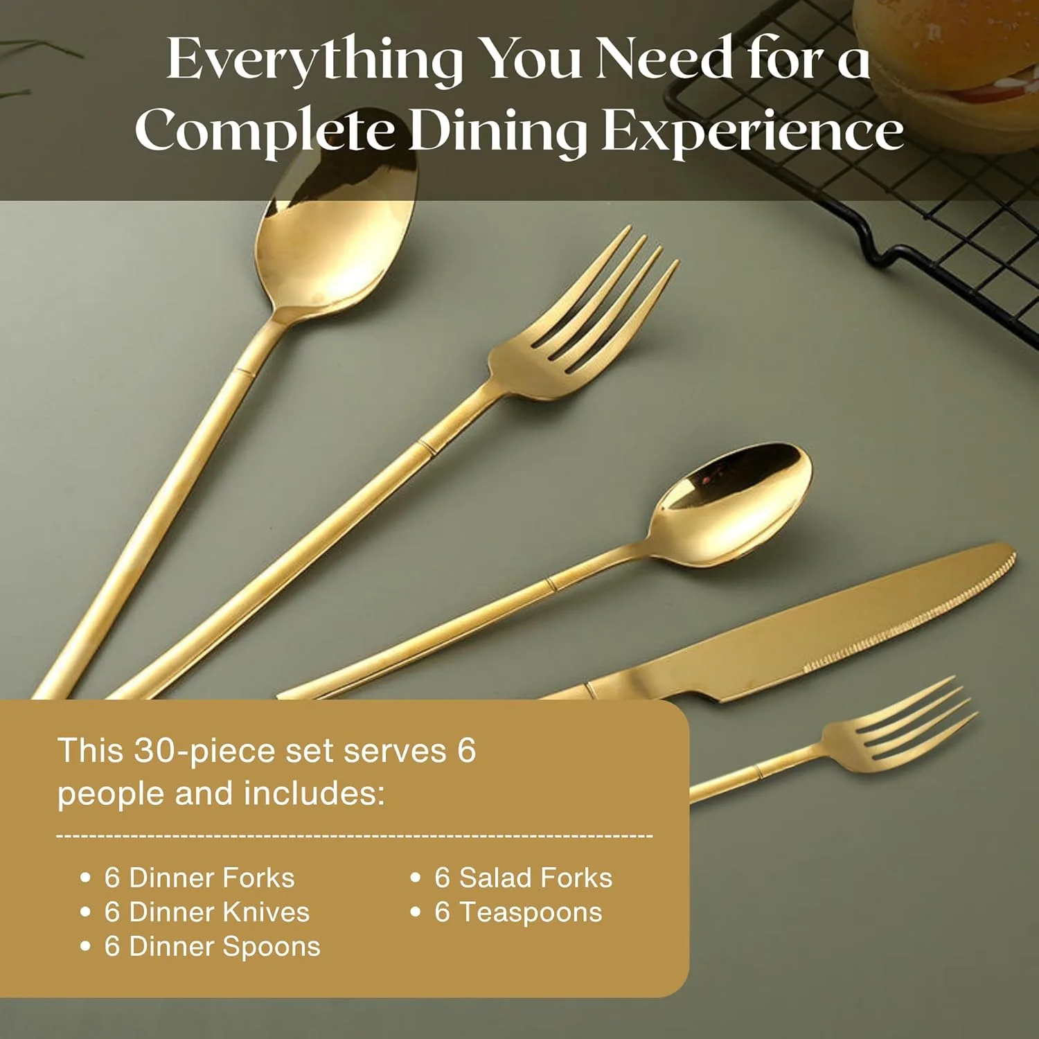 ست столовых приборов 30 تکه نکسو با روکش طلای تیتانیومی | ست столовых приборов شیک برای 6 نفر با ظروف سرو - پرداخت آینه ای ممتاز | چاقو، چنگال، قاشق و قاشق چایخوری | قابل شستشو در ماشین ظرفشویی ست столовых приборов 30 تکه نکسو با روکش طلای تیتانیومی | ست столовых приборов شیک برای 6 نفر با ظروف سرو - پرداخت آینه ای ممتاز | چاقو، چنگال، قاشق و قاشق چایخوری | قابل شستشو در ماشین ظرفشویی