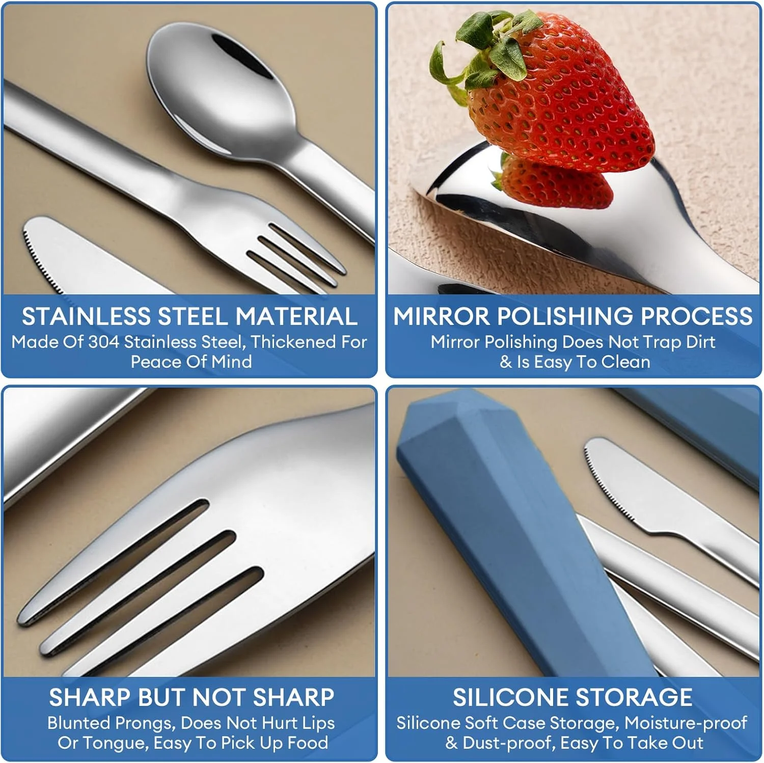 ست کارد و چنگال قابل حمل نالینا با جعبه، ست کارد و چنگال مسافرتی، ست کارد و چنگال قابل استفاده مجدد، چاقو، چنگال، قاشق استیل ضد زنگ، برای کمپینگ، پیک نیک، پیاده روی، دفتر (6.7 اینچ، نقره ای)