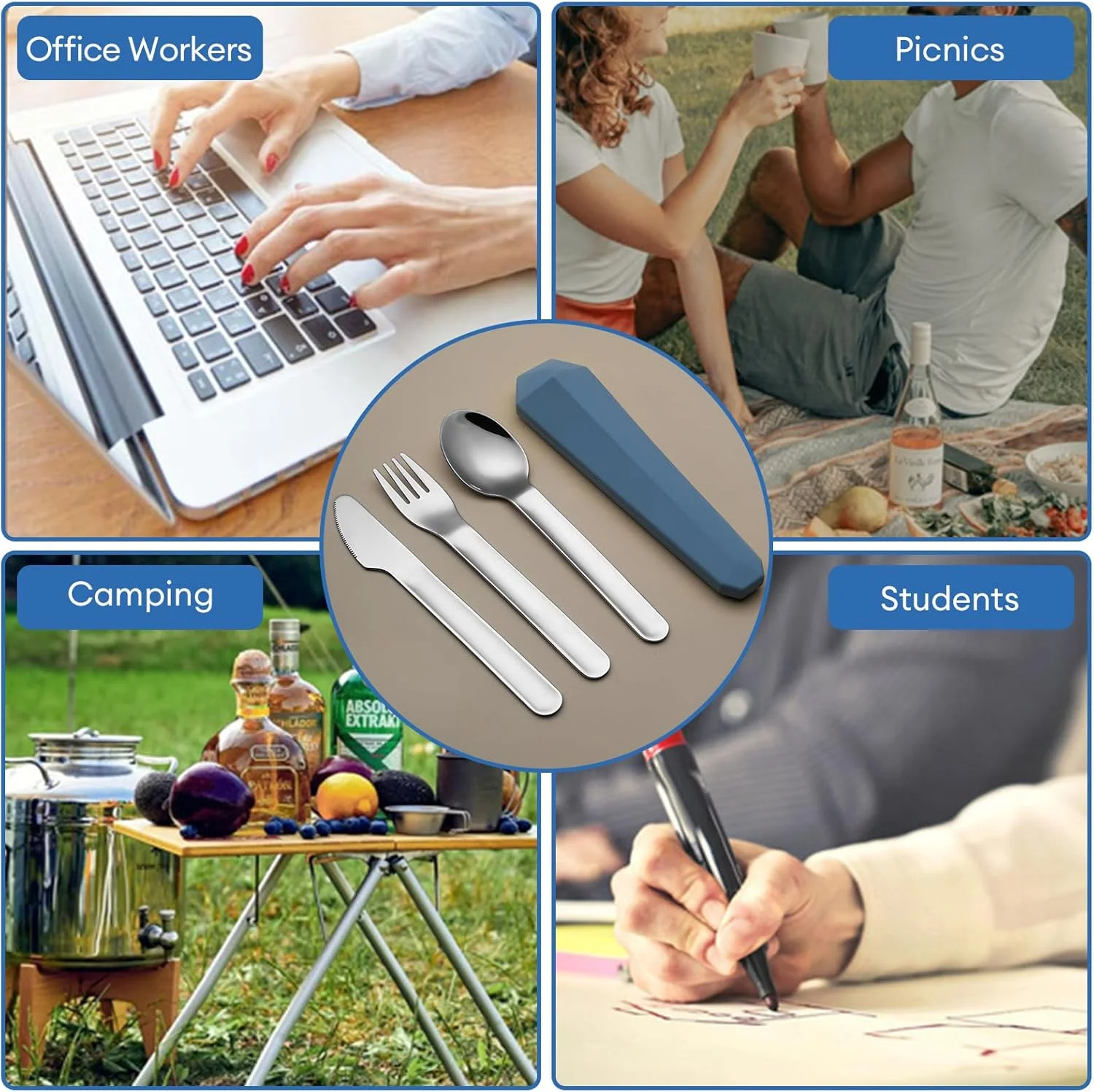 ست کارد و چنگال قابل حمل نالینا با جعبه، ست کارد و چنگال مسافرتی، ست کارد و چنگال قابل استفاده مجدد، چاقو، چنگال، قاشق استیل ضد زنگ، برای کمپینگ، پیک نیک، پیاده روی، دفتر (6.7 اینچ، نقره ای)