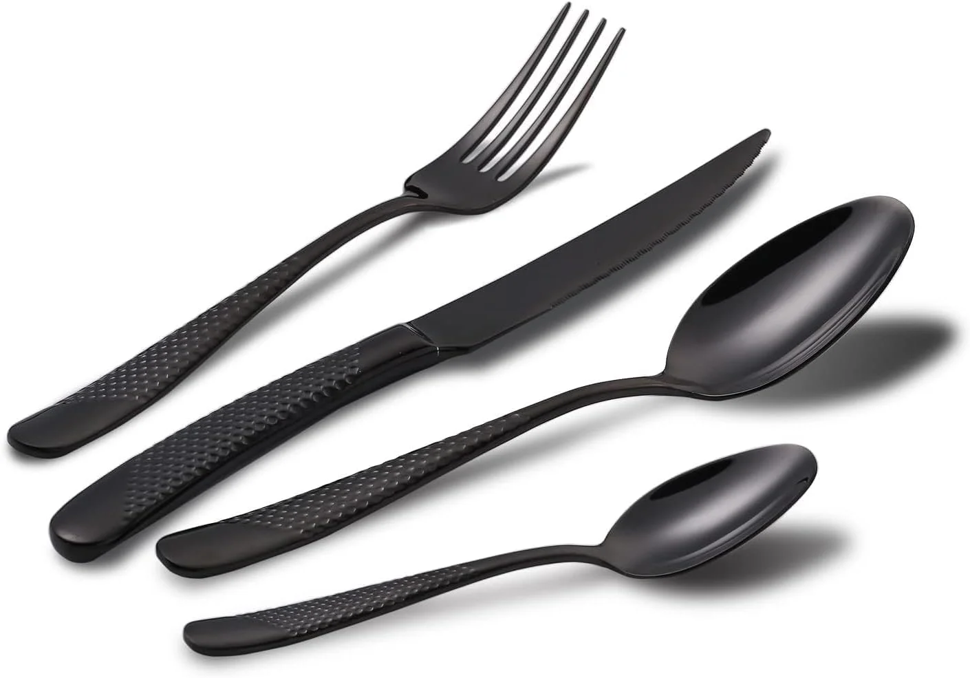 ست کارد و چنگال ۴ تکه LBOYLOVE® طرح مدرن چکش خورده مشکی، ست نقره ای استیل ضد زنگ، چاقو، چنگال، قاشق برای مهمانی، عروسی، هدیه ست کارد و چنگال ۴ تکه LBOYLOVE® طرح مدرن چکش خورده مشکی، ست نقره ای استیل ضد زنگ، چاقو، چنگال، قاشق برای مهمانی، عروسی، هدیه