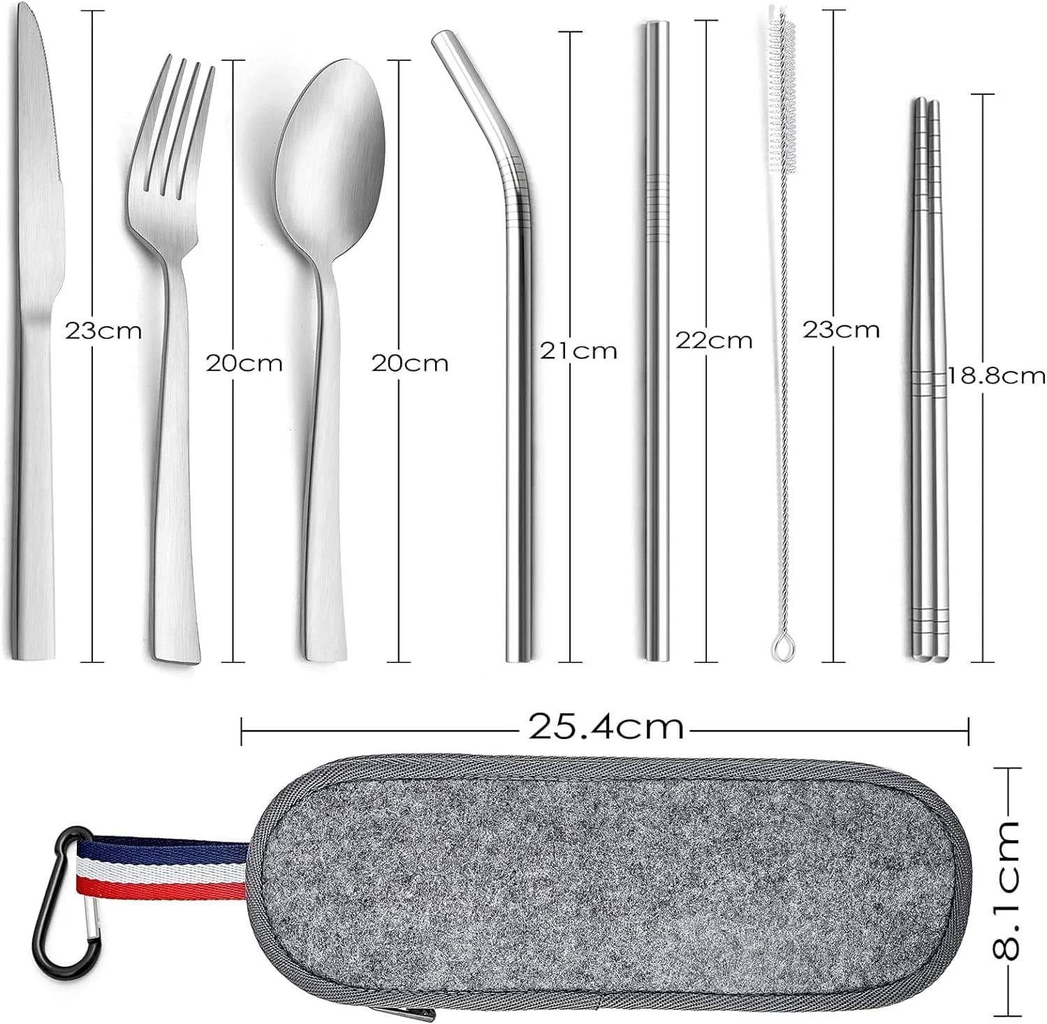 ست کارد و چنگال 8 تکه مسافرتی McMola برای 1 نفر، ظروف استیل ضد زنگ با کیف قابل حمل، ست نقره ای شامل چاقو، چنگال، قاشق، نی و چاپستیک قابل استفاده مجدد، نقره ای مات ست کارد و چنگال 8 تکه مسافرتی McMola برای 1 نفر، ظروف استیل ضد زنگ با کیف قابل حمل، ست نقره ای شامل چاقو، چنگال، قاشق، نی و چاپستیک قابل استفاده مجدد، نقره ای مات