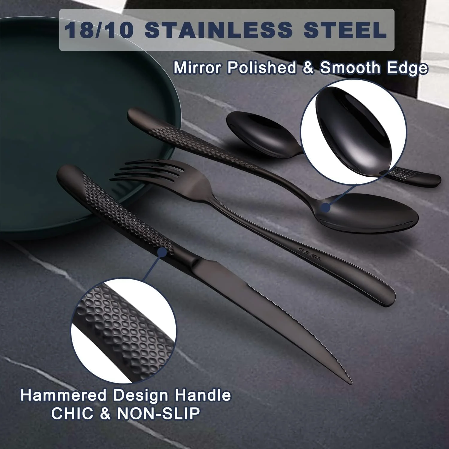 ست کارد و چنگال ۴ تکه LBOYLOVE® طرح مدرن چکش خورده مشکی، ست نقره ای استیل ضد زنگ، چاقو، چنگال، قاشق برای مهمانی، عروسی، هدیه ست کارد و چنگال ۴ تکه LBOYLOVE® طرح مدرن چکش خورده مشکی، ست نقره ای استیل ضد زنگ، چاقو، چنگال، قاشق برای مهمانی، عروسی، هدیه