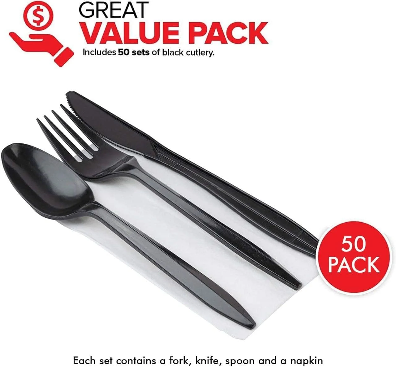 مجموعه столовых приборов پلاستیکی مشکی MARKQ [بسته 50 عددی] به همراه دستمال سفره - مجموعه столовых приборов یکبار مصرف برای کمپینگ، مسافرت و لوازم مهمانی (چاقو، چنگال، قاشق، دستمال سفره)