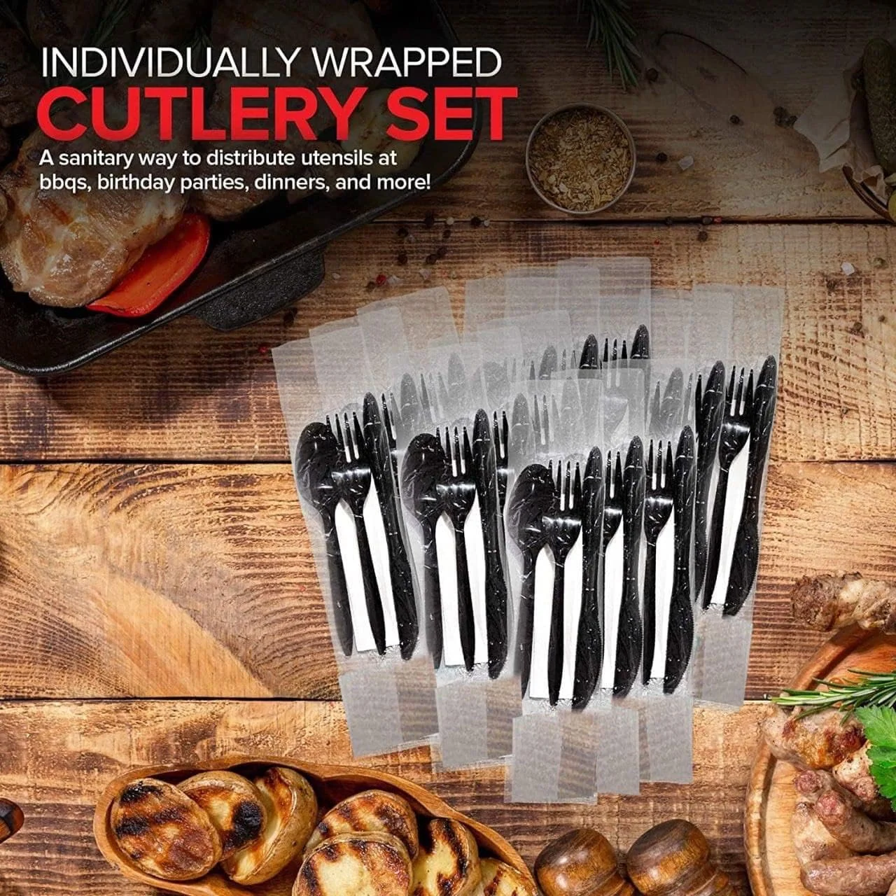 مجموعه столовых приборов پلاستیکی مشکی MARKQ [بسته 50 عددی] به همراه دستمال سفره - مجموعه столовых приборов یکبار مصرف برای کمپینگ، مسافرت و لوازم مهمانی (چاقو، چنگال، قاشق، دستمال سفره)