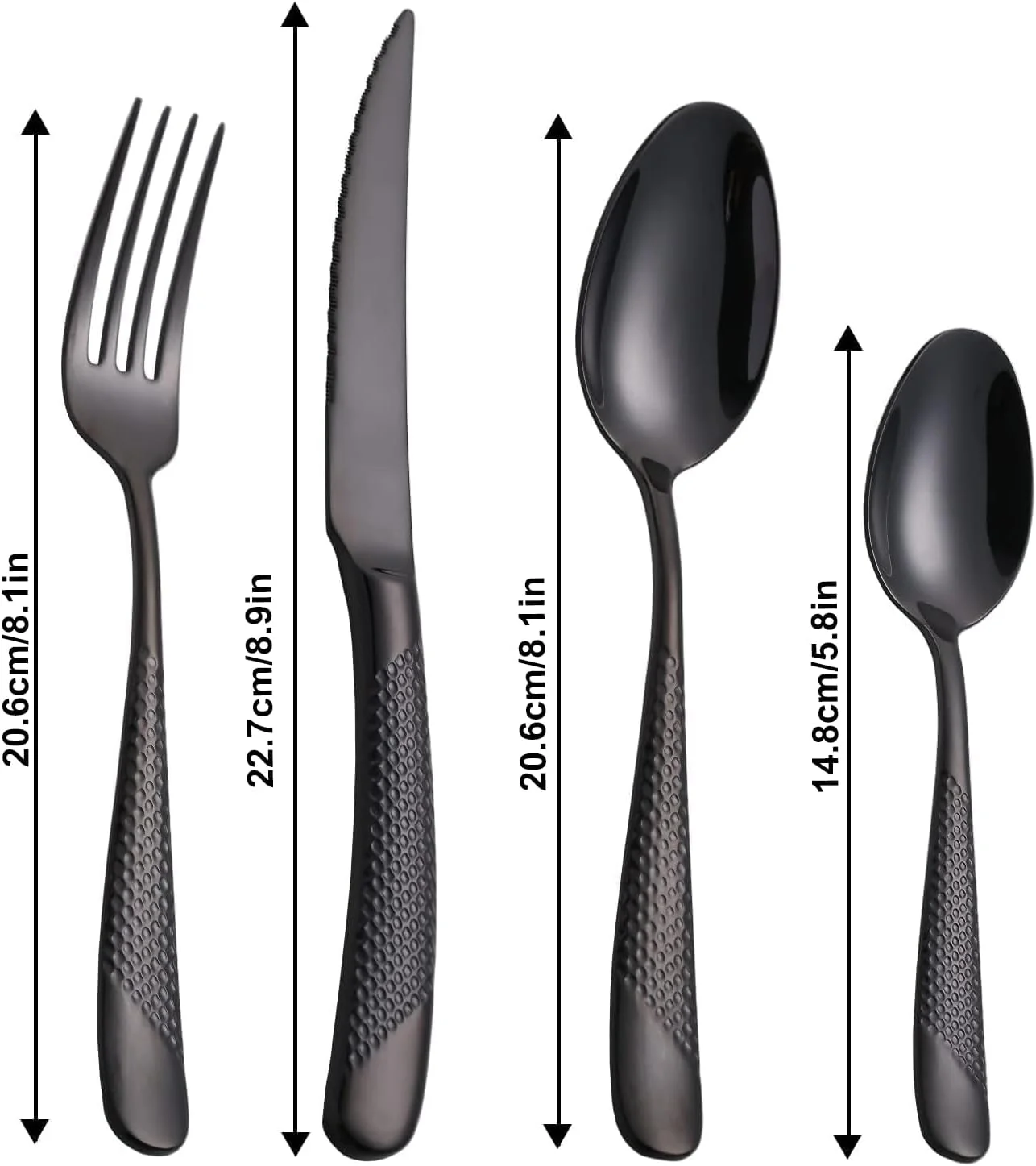 ست کارد و چنگال ۴ تکه LBOYLOVE® طرح مدرن چکش خورده مشکی، ست نقره ای استیل ضد زنگ، چاقو، چنگال، قاشق برای مهمانی، عروسی، هدیه ست کارد و چنگال ۴ تکه LBOYLOVE® طرح مدرن چکش خورده مشکی، ست نقره ای استیل ضد زنگ، چاقو، چنگال، قاشق برای مهمانی، عروسی، هدیه