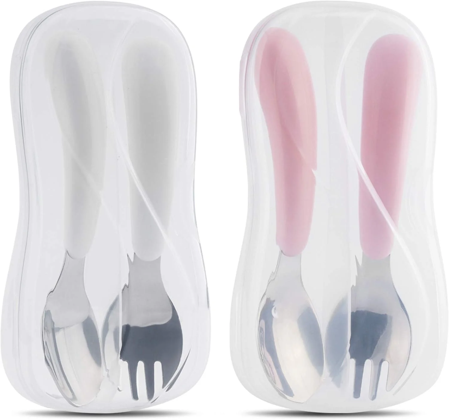 ست قاشق و چنگال کودک کیریکو، ست ظروف غذاخوری کودک با جعبه حمل، طراحی شده برای خود تغذیه ای و آموزش (سفید و صورتی) ست قاشق و چنگال کودک کیریکو، ست ظروف غذاخوری کودک با جعبه حمل، طراحی شده برای خود تغذیه ای و آموزش (سفید و صورتی)