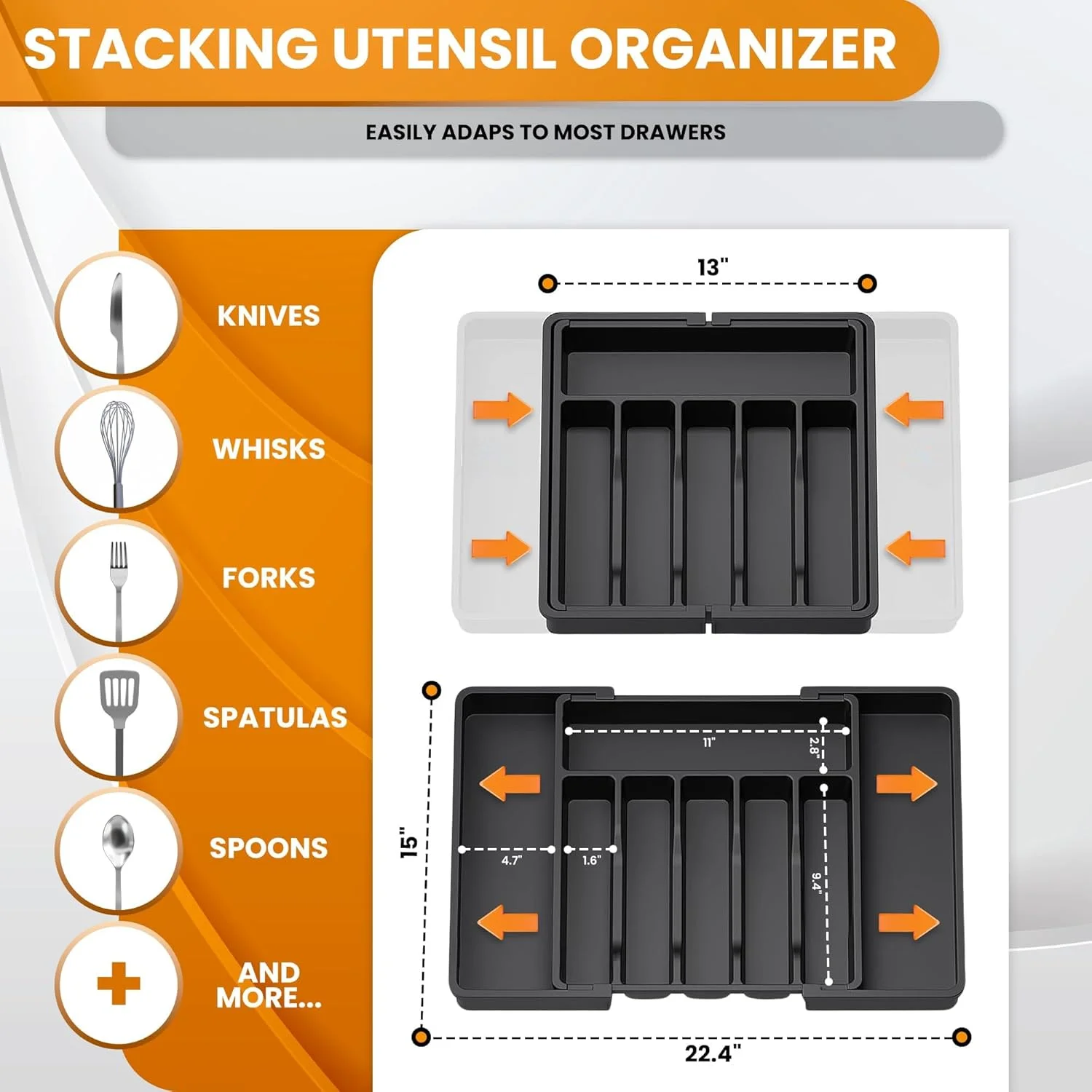 جا قاشقی کشویی قابل گسترش KOWVOWZ، نظم دهنده کشو لوازم نقره ای، سینی لوازم آشپزخانه قابل گسترش و بدون BPA، جا قاشقی و چنگال قابل تنظیم برای قاشق، چنگال، چاقو