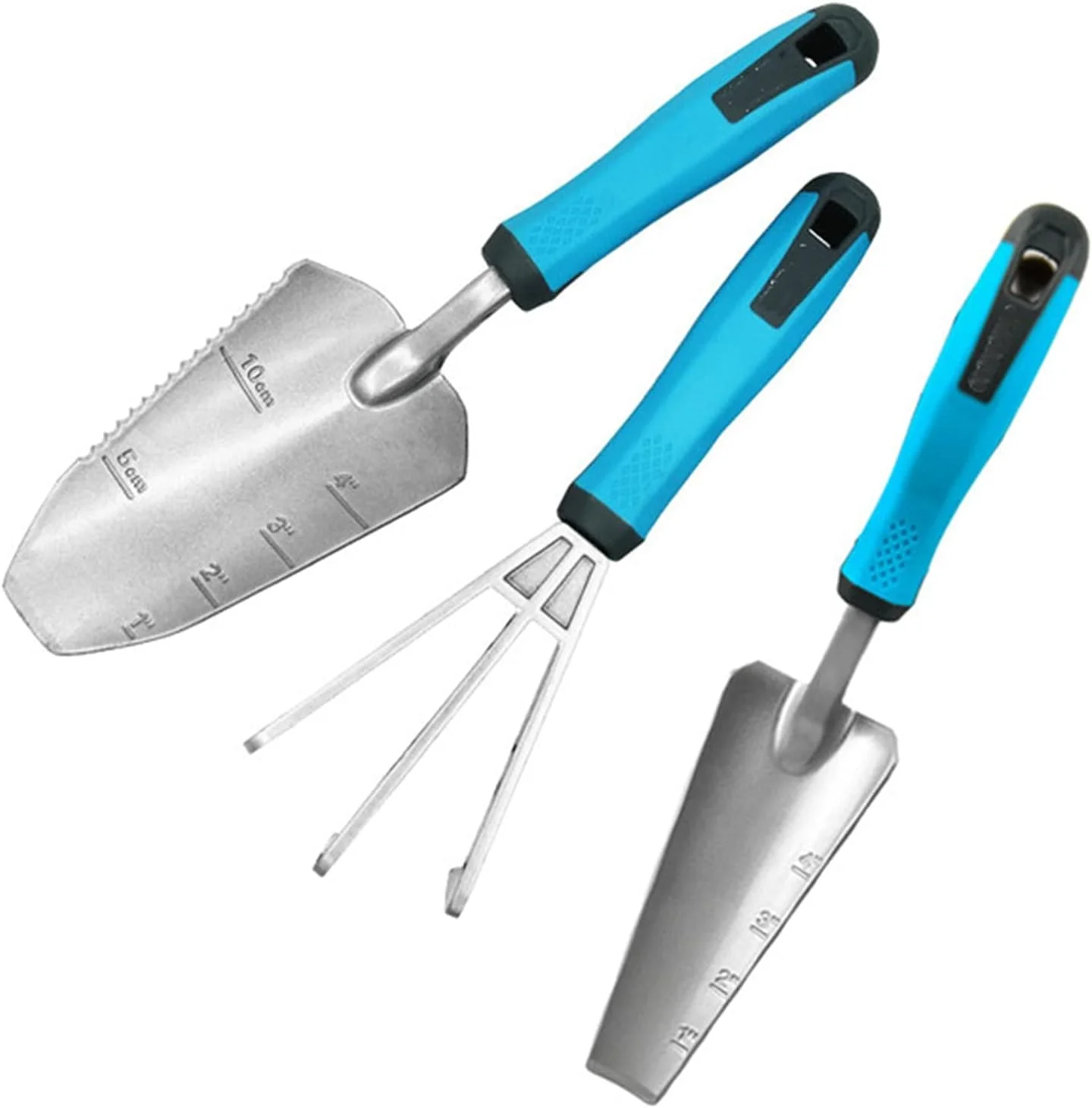 مجموعه ابزار باغبانی شامل بیلچه، شن کش، ماله و ابزار کاشت نشا از جنس آلیاژ آلومینیوم مناسب برای کاشت، وجین و باغبانی