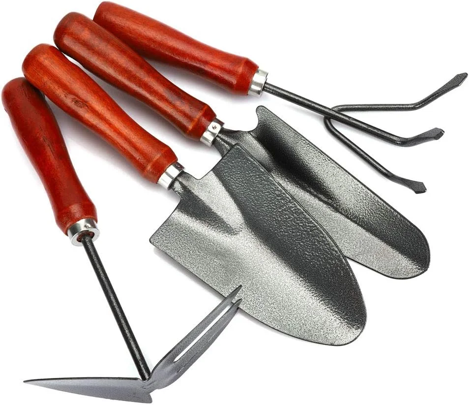 مجموعه ابزار باغبانی ضخیم 4 عددی شامل بیلچه، ابزار کاشت، مناسب برای انتقال، حفاری، کشت و وجین علف های هرز