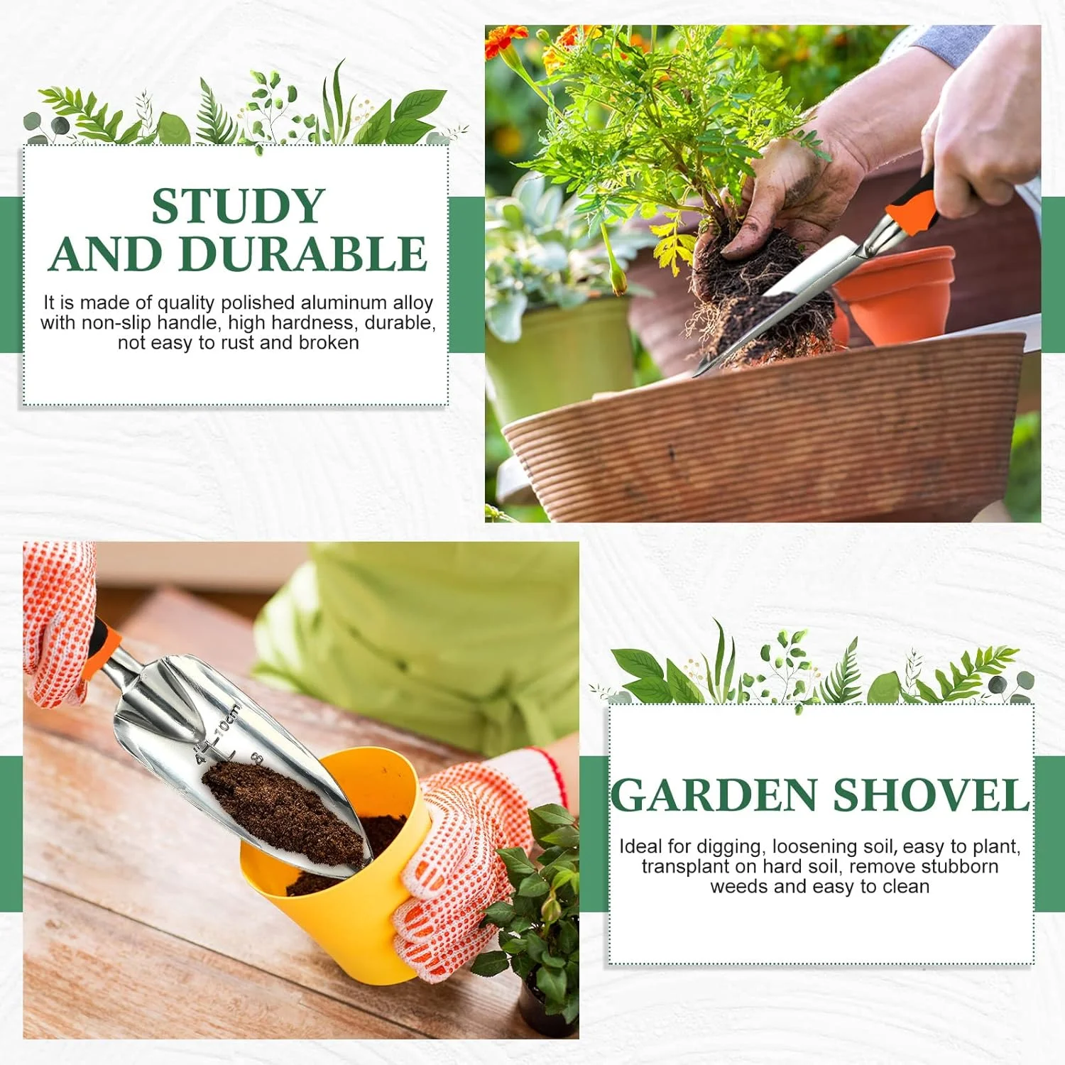 ست بیلچه باغبانی، بیلچه دستی باغبانی، بیلچه پیوند زنی، ابزار کاشت آلیاژ آلومینیوم با دسته لاستیکی برای باغبانی، کشت، لوازم کاشت (نارنجی)