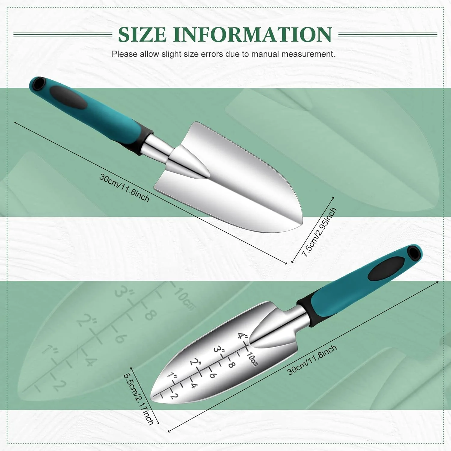 ست بیلچه باغبانی، ابزار باغبانی، بیل دستی باغبانی، بیلچه پیوند زنی، ابزار کاشت آلیاژ آلومینیوم با دسته لاستیکی برای باغبانی، زراعت، لوازم کاشت (سبز)