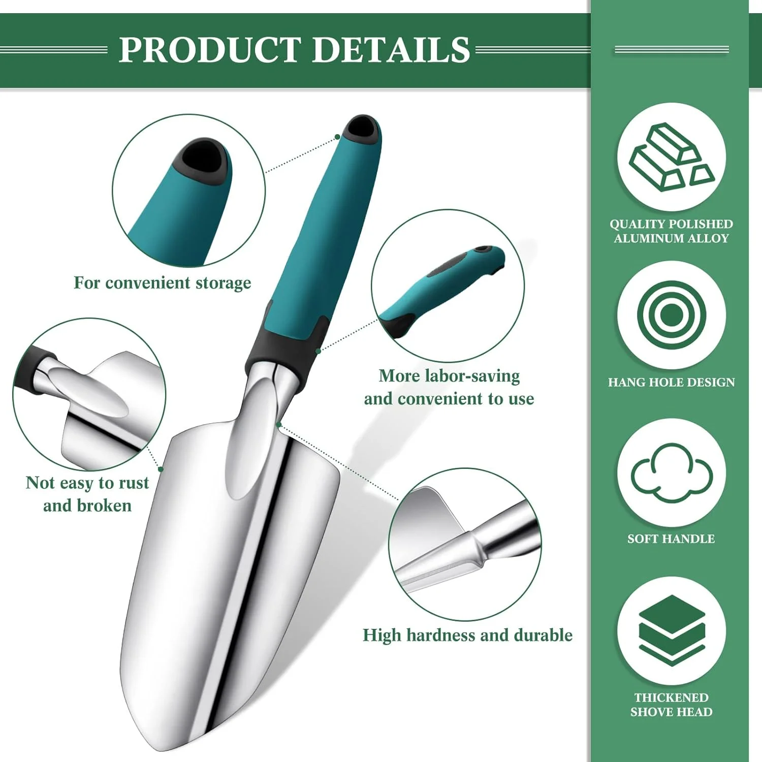 ست بیلچه باغبانی، ابزار باغبانی، بیل دستی باغبانی، بیلچه پیوند زنی، ابزار کاشت آلیاژ آلومینیوم با دسته لاستیکی برای باغبانی، زراعت، لوازم کاشت (سبز)