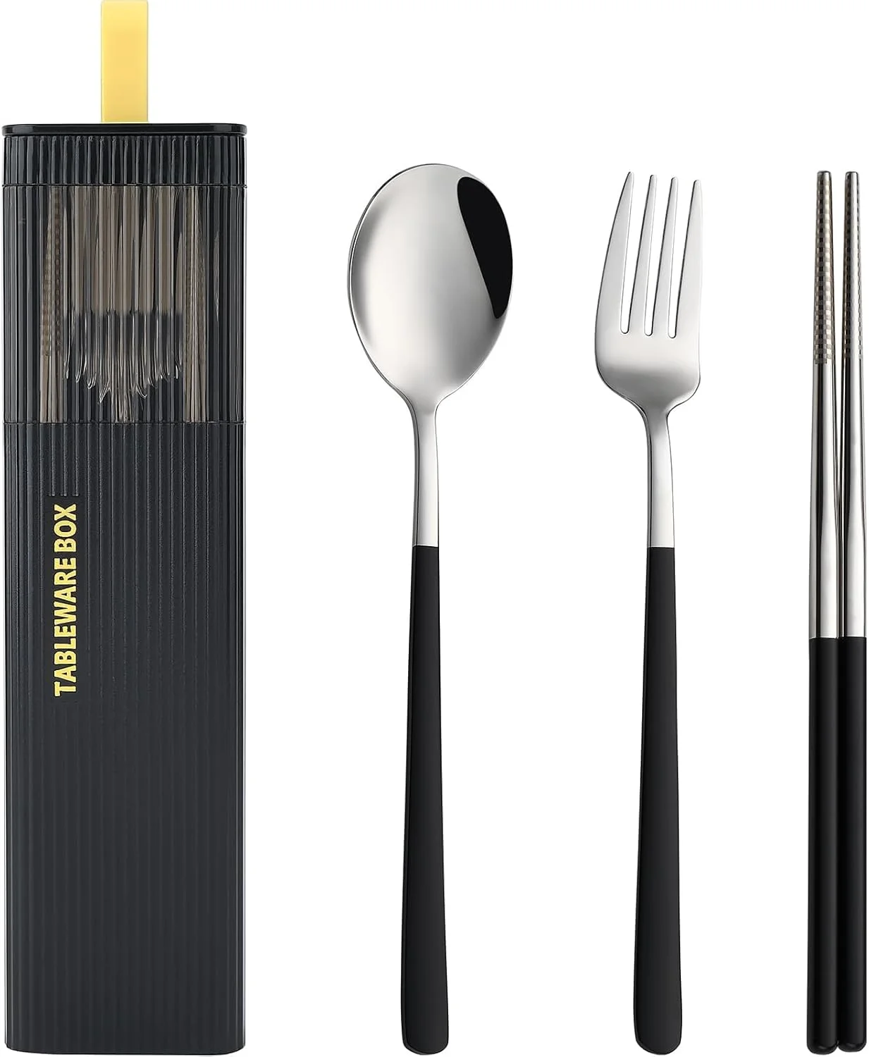 ست کارد و چنگال مسافرتی KASTWAVE، ست کارد و چنگال 4 تکه استیل ضد زنگ 18/8، کارد و چنگال قابل حمل و استفاده مجدد برای کمپینگ، مناسب جعبه ناهار، شامل چنگال، قاشق، چاپستیک (مشکی) ست کارد و چنگال مسافرتی KASTWAVE، ست کارد و چنگال 4 تکه استیل ضد زنگ 18/8، کارد و چنگال قابل حمل و استفاده مجدد برای کمپینگ، مناسب جعبه ناهار، شامل چنگال، قاشق، چاپستیک (مشکی)