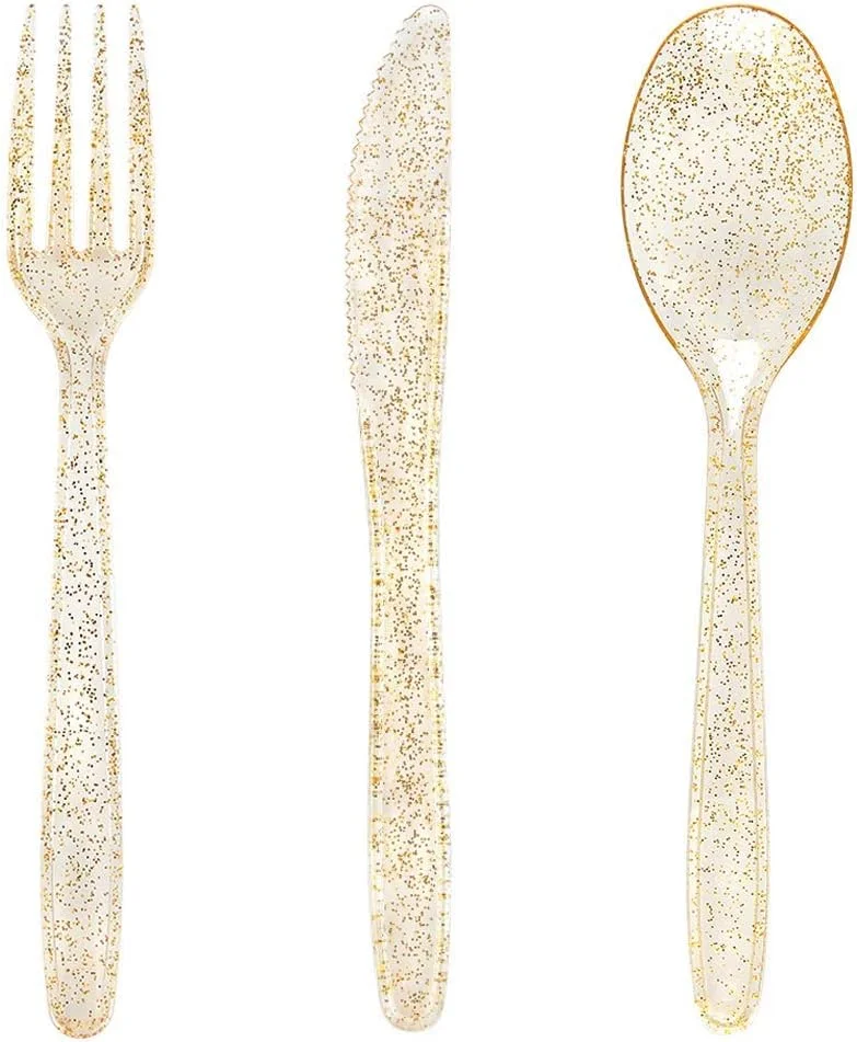 ست کارد و چنگال 30 تکه PVC KASTWAVE، ظروف طلایی یکبار مصرف - 10 چنگال، 10 قاشق، 10 چاقو، ظروف مهمانی فانتزی