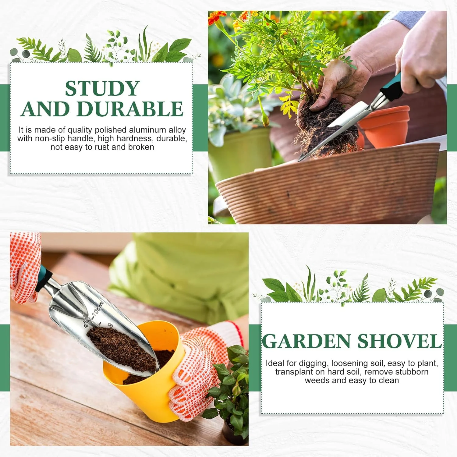 ست بیلچه باغبانی، ابزار باغبانی، بیل دستی باغبانی، بیلچه پیوند زنی، ابزار کاشت آلیاژ آلومینیوم با دسته لاستیکی برای باغبانی، زراعت، لوازم کاشت (سبز)