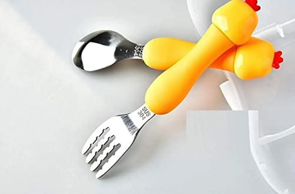 ست قاشق و چنگال کودک KASTWAVE، ست کارد و چنگال 3 تکه، ظروف قابل حمل کودکان، ست قاشق و چنگال با جعبه پلاستیکی، استیل ضد زنگ 304 بدون BPA، قابل شستشو در ماشین ظرفشویی (مرغ، خرس، خرگوش)