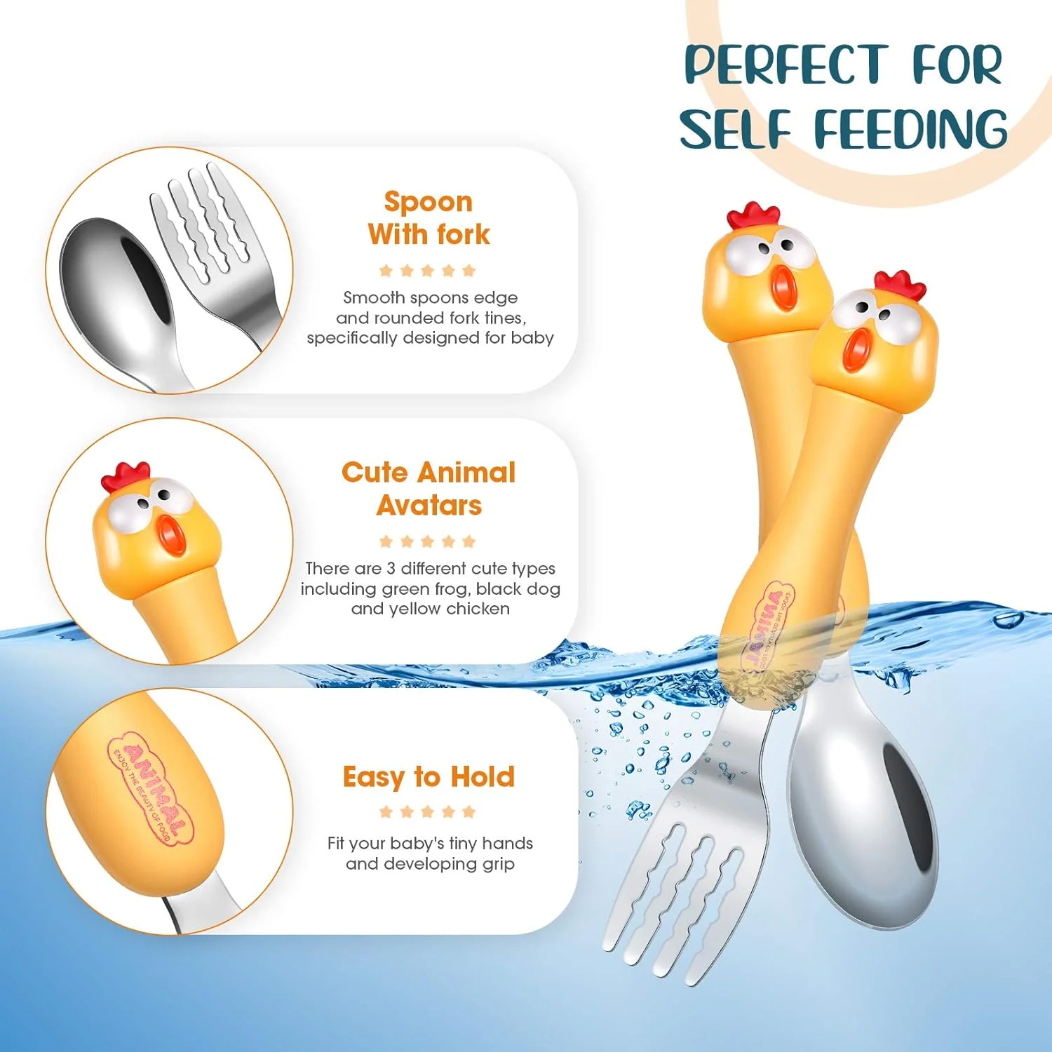 ست قاشق و چنگال کودک KASTWAVE، ست کارد و چنگال 3 عددی کودک، ست ظروف قابل حمل کودکان، قاشق و چنگال با جعبه پلاستیکی، فولاد ضد زنگ 304 فاقد BPA، قابل شستشو در ماشین ظرفشویی (قورباغه، توله سگ، خرس)