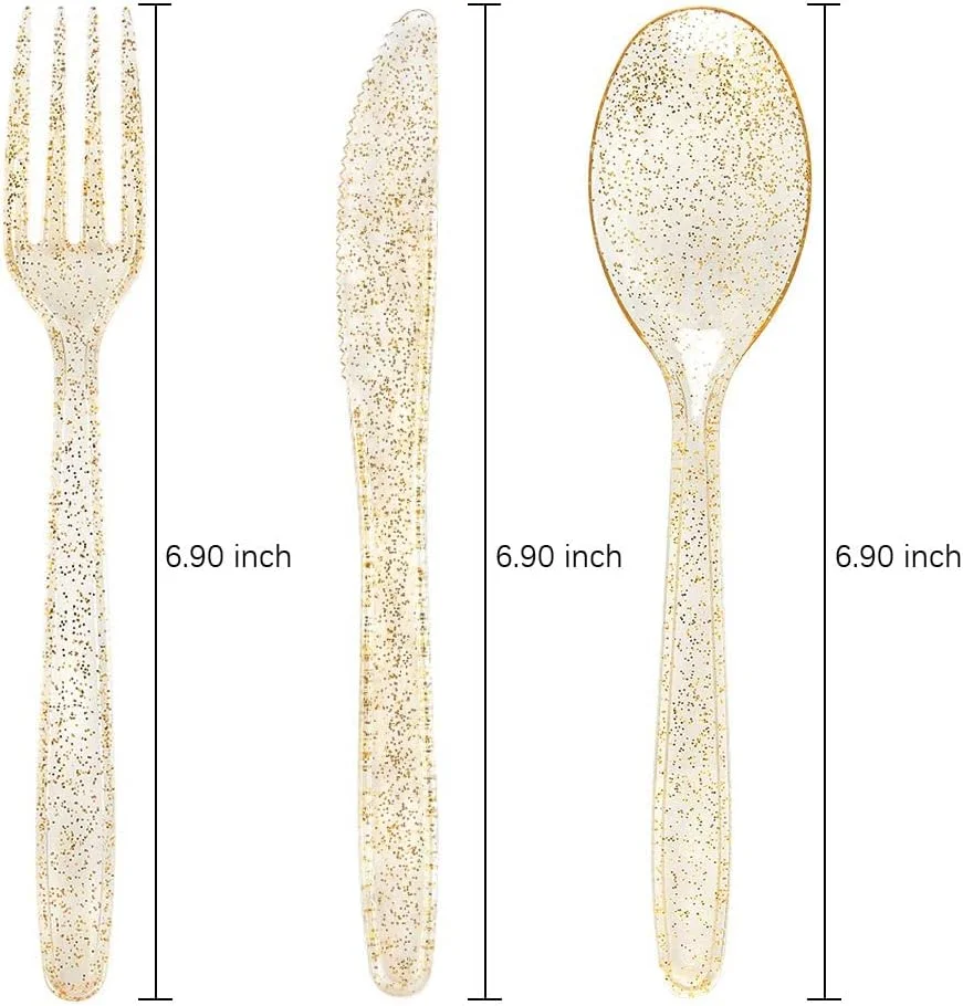 ست کارد و چنگال 30 تکه PVC KASTWAVE، ظروف طلایی یکبار مصرف - 10 چنگال، 10 قاشق، 10 چاقو، ظروف مهمانی فانتزی