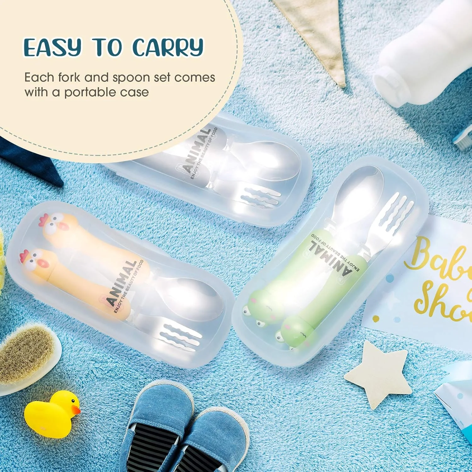 ست قاشق و چنگال کودک KASTWAVE، ست کارد و چنگال 3 عددی کودک، ست ظروف قابل حمل کودکان، قاشق و چنگال با جعبه پلاستیکی، فولاد ضد زنگ 304 فاقد BPA، قابل شستشو در ماشین ظرفشویی (قورباغه، توله سگ، خرس)