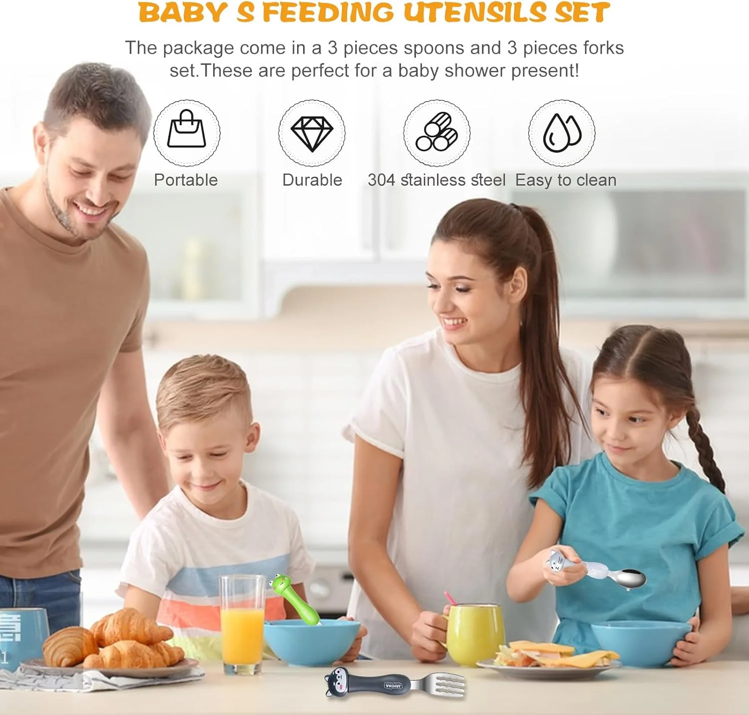 ست قاشق و چنگال کودک KASTWAVE، ست کارد و چنگال 3 تکه، ظروف قابل حمل کودکان، ست قاشق و چنگال با جعبه پلاستیکی، استیل ضد زنگ 304 بدون BPA، قابل شستشو در ماشین ظرفشویی (سنجاب، بچه گربه، خرس)