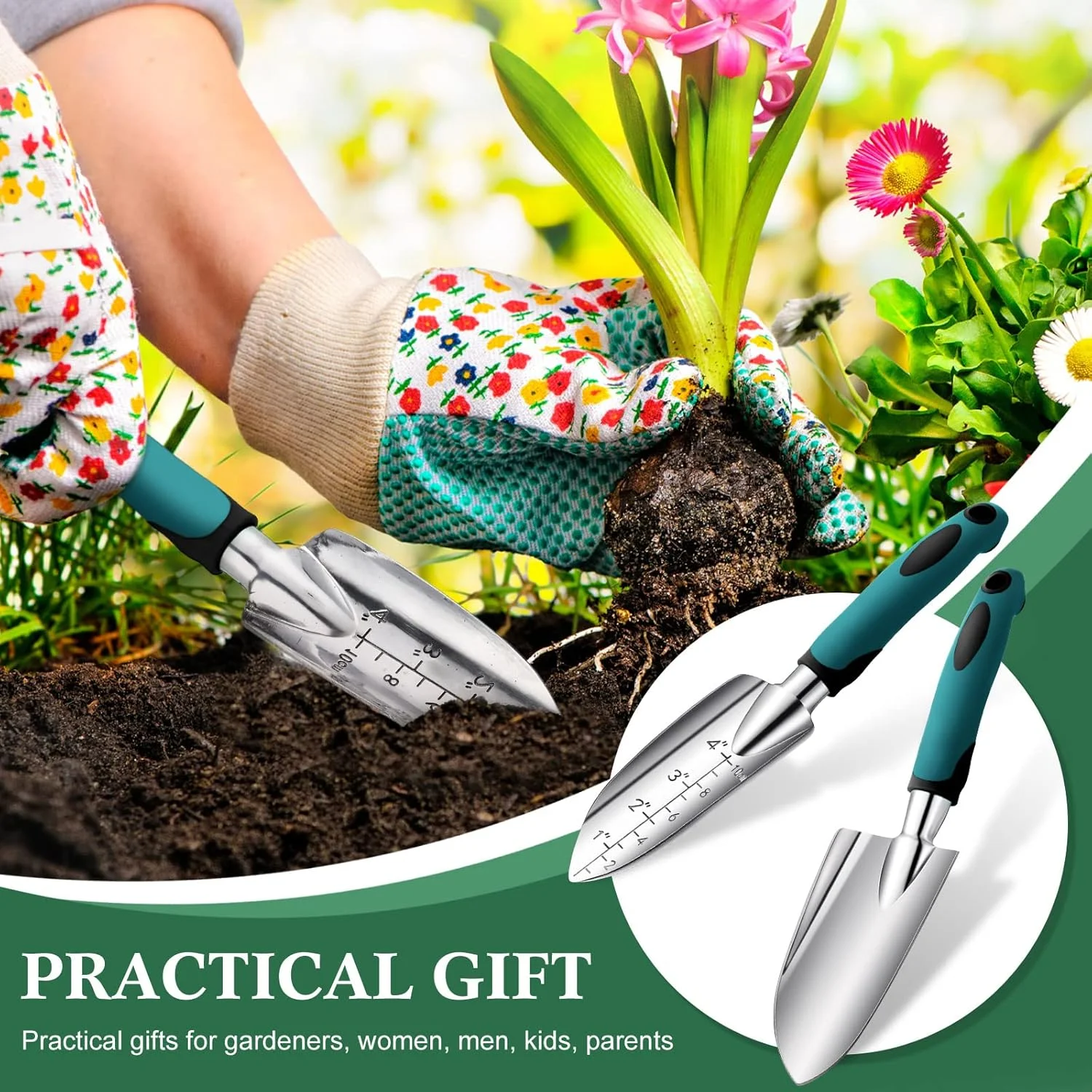 ست بیلچه باغبانی، ابزار باغبانی، بیل دستی باغبانی، بیلچه پیوند زنی، ابزار کاشت آلیاژ آلومینیوم با دسته لاستیکی برای باغبانی، زراعت، لوازم کاشت (سبز)