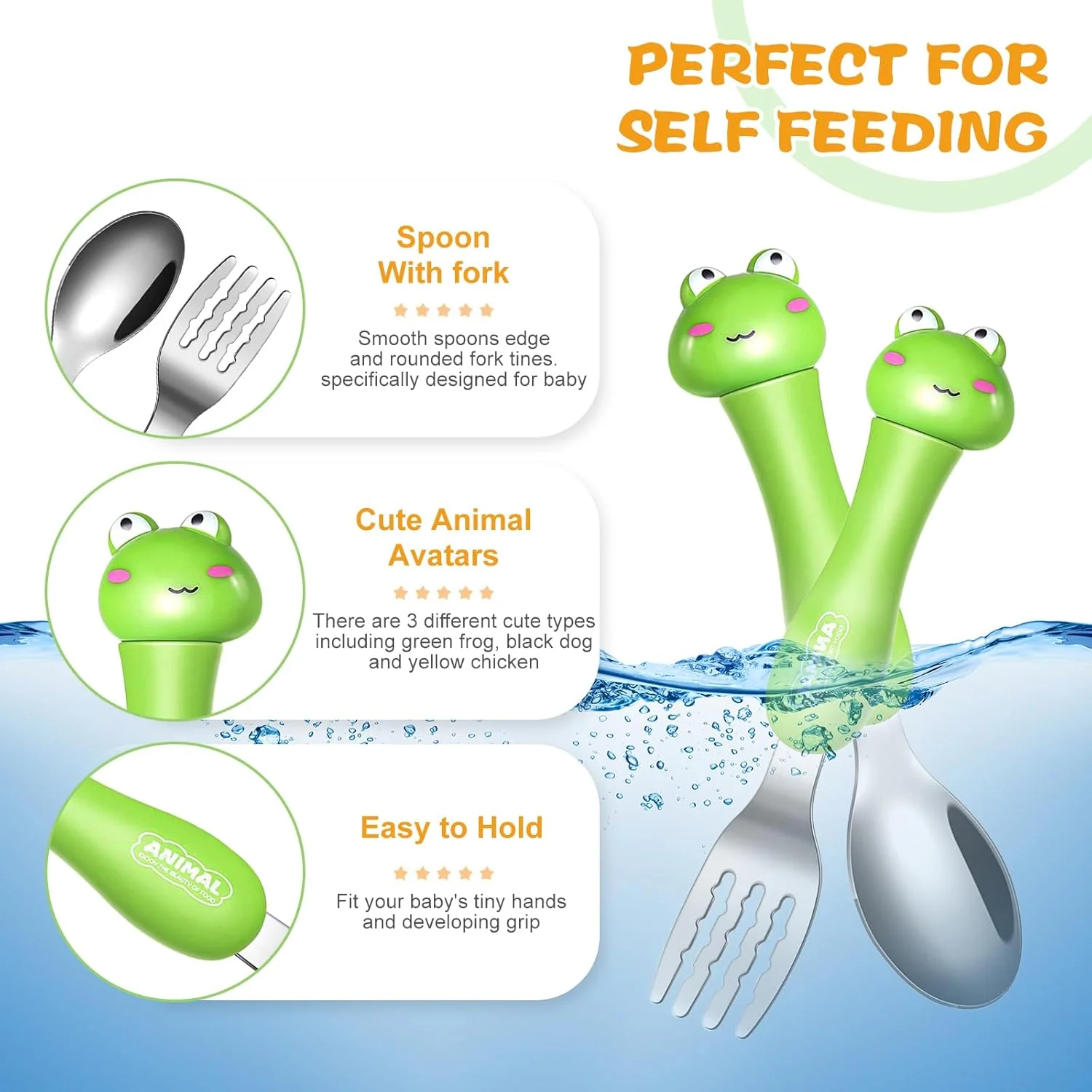 ست قاشق و چنگال کودک KASTWAVE، ست کارد و چنگال 3 تکه، ظروف قابل حمل کودکان، ست قاشق و چنگال با جعبه پلاستیکی، استیل ضد زنگ 304 بدون BPA، قابل شستشو در ماشین ظرفشویی (سنجاب، بچه گربه، خرس)