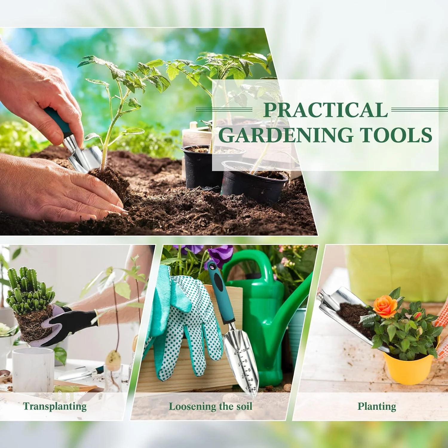 ست بیلچه باغبانی، ابزار باغبانی، بیل دستی باغبانی، بیلچه پیوند زنی، ابزار کاشت آلیاژ آلومینیوم با دسته لاستیکی برای باغبانی، زراعت، لوازم کاشت (سبز)