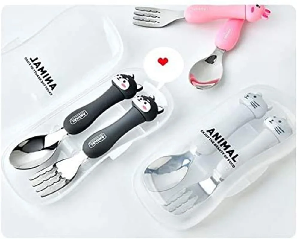 ست قاشق و چنگال کودک KASTWAVE، ست کارد و چنگال 3 تکه، ظروف قابل حمل کودکان، ست قاشق و چنگال با جعبه پلاستیکی، استیل ضد زنگ 304 بدون BPA، قابل شستشو در ماشین ظرفشویی (مرغ، خرس، خرگوش)