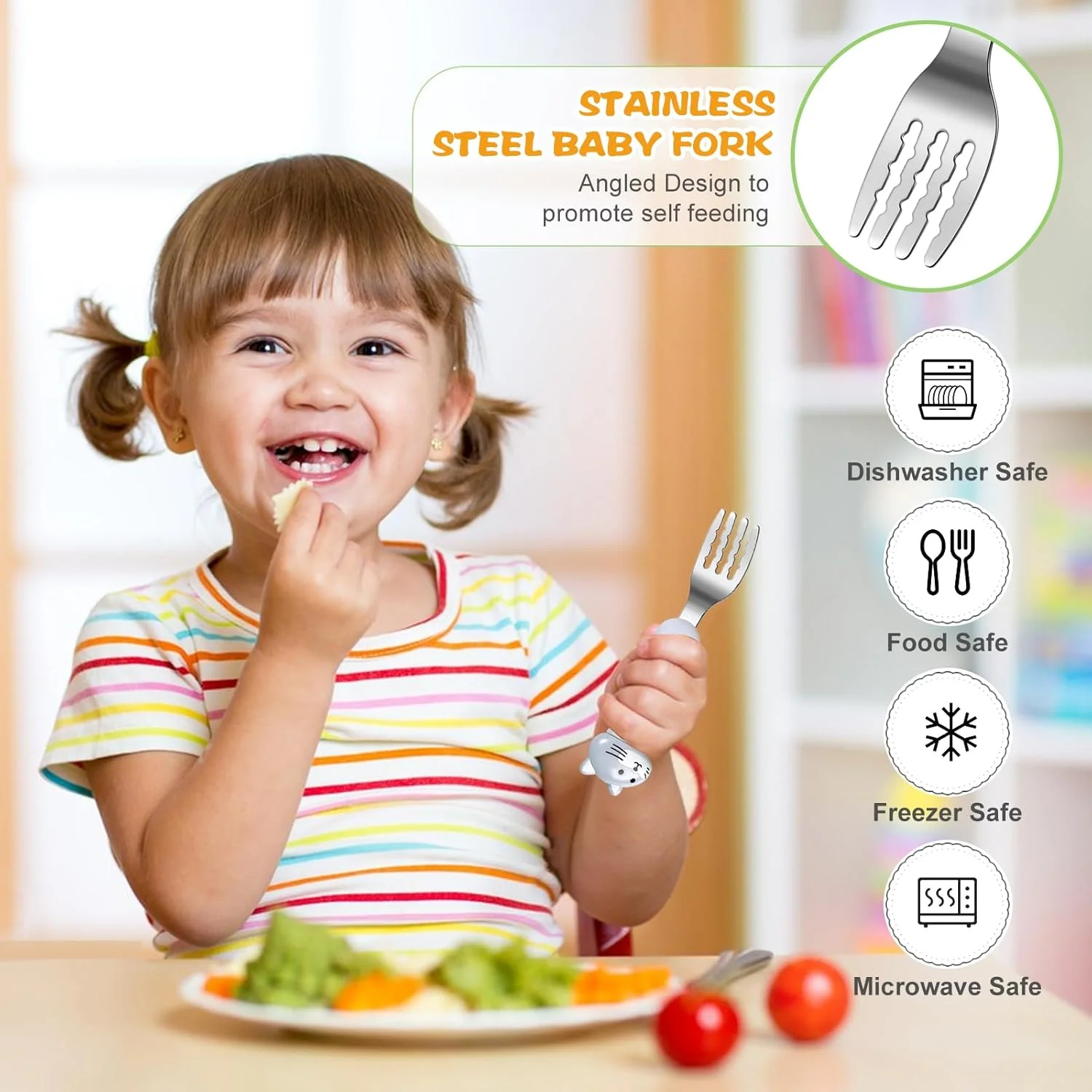 ست قاشق و چنگال کودک KASTWAVE، ست کارد و چنگال 3 تکه، ظروف قابل حمل کودکان، ست قاشق و چنگال با جعبه پلاستیکی، استیل ضد زنگ 304 بدون BPA، قابل شستشو در ماشین ظرفشویی (سنجاب، بچه گربه، خرس)