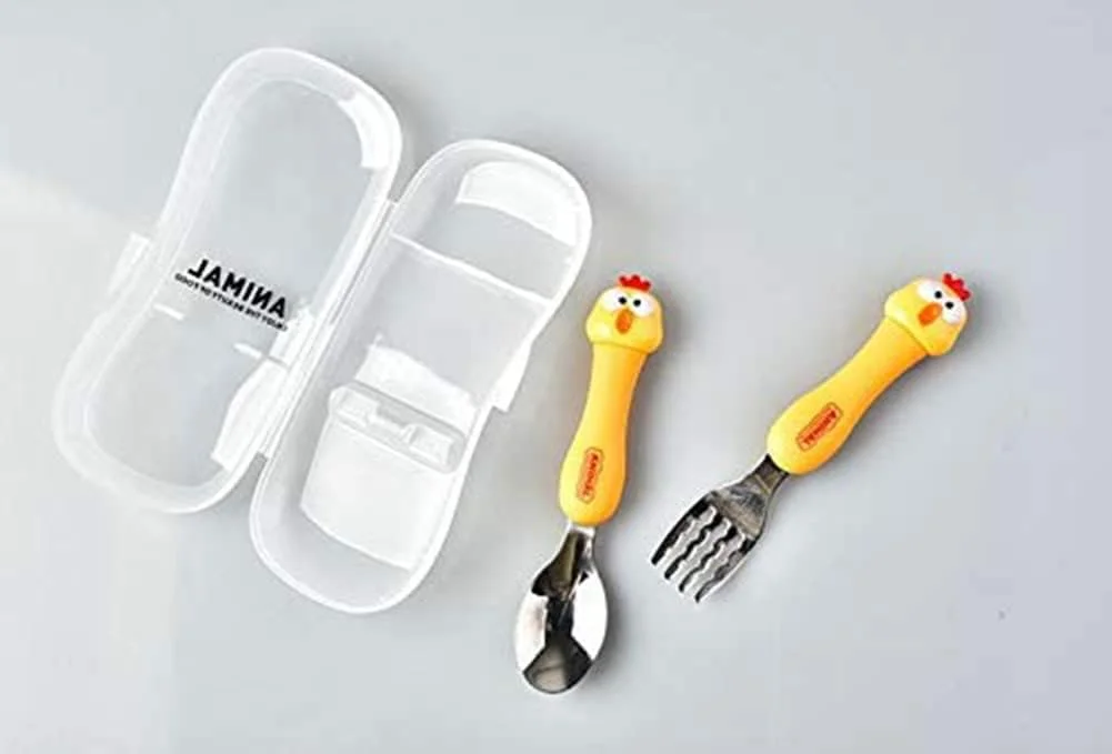 ست قاشق و چنگال کودک KASTWAVE، ست کارد و چنگال 3 تکه، ظروف قابل حمل کودکان، ست قاشق و چنگال با جعبه پلاستیکی، استیل ضد زنگ 304 بدون BPA، قابل شستشو در ماشین ظرفشویی (مرغ، خرس، خرگوش)