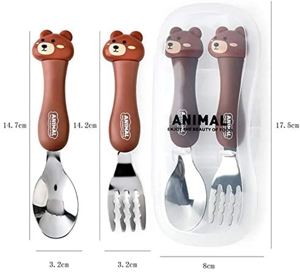 ست قاشق و چنگال کودک KASTWAVE، ست کارد و چنگال 3 تکه، ظروف قابل حمل کودکان، ست قاشق و چنگال با جعبه پلاستیکی، استیل ضد زنگ 304 بدون BPA، قابل شستشو در ماشین ظرفشویی (مرغ، خرس، خرگوش)