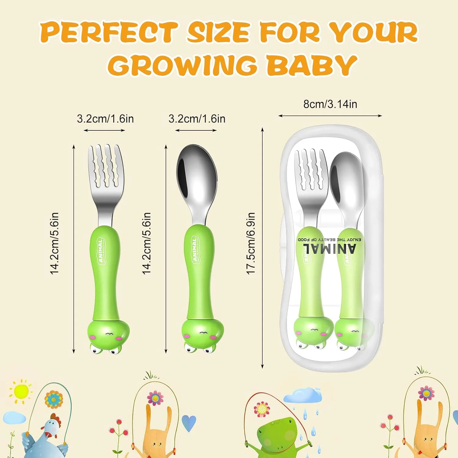 ست قاشق و چنگال کودک KASTWAVE، ست کارد و چنگال 3 تکه، ظروف قابل حمل کودکان، ست قاشق و چنگال با جعبه پلاستیکی، استیل ضد زنگ 304 بدون BPA، قابل شستشو در ماشین ظرفشویی (سنجاب، بچه گربه، خرس)