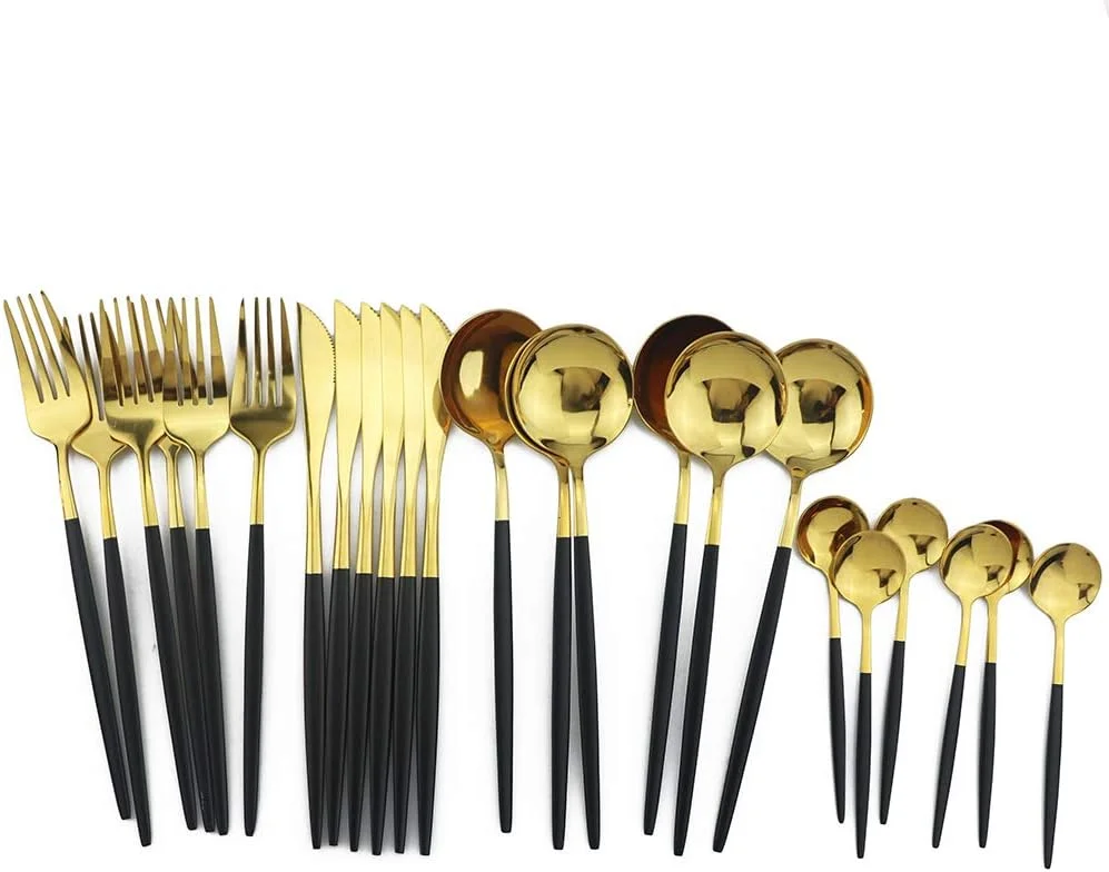 ست کارد و چنگال 24 پارچه JANKNG، استیل ضد زنگ 18/0، شامل کارد، چنگال، قاشق و قاشق چای خوری، مناسب برای 6 نفر، دسته مشکی طلایی ست کارد و چنگال 24 پارچه JANKNG، استیل ضد زنگ 18/0، شامل کارد، چنگال، قاشق و قاشق چای خوری، مناسب برای 6 نفر، دسته مشکی طلایی