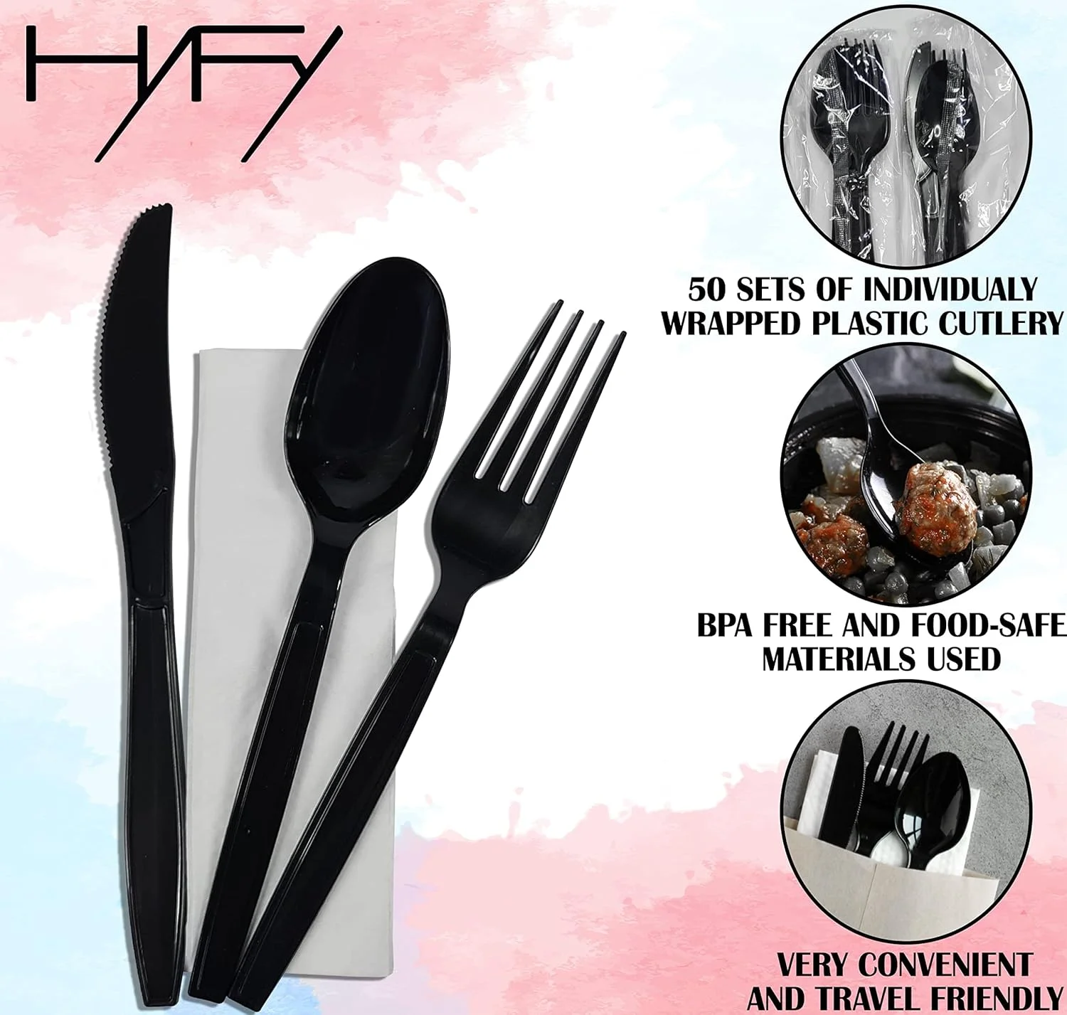 ست کارد، چنگال، قاشق و دستمال سفره پلاستیکی مشکی HYFY شامل 50 عدد، بسته بندی جداگانه، مناسب استفاده یکبار مصرف، قاشق یکبار مصرف، چنگال یکبار مصرف، قاشق پلاستیکی، وسایل سنگین ست کارد، چنگال، قاشق و دستمال سفره پلاستیکی مشکی HYFY شامل 50 عدد، بسته بندی جداگانه، مناسب استفاده یکبار مصرف، قاشق یکبار مصرف، چنگال یکبار مصرف، قاشق پلاستیکی، وسایل سنگین