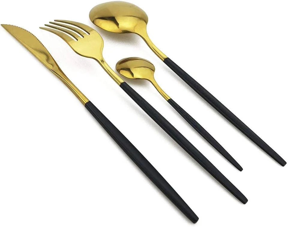 ست کارد و چنگال 24 پارچه JANKNG، استیل ضد زنگ 18/0، شامل کارد، چنگال، قاشق و قاشق چای خوری، مناسب برای 6 نفر، دسته مشکی طلایی ست کارد و چنگال 24 پارچه JANKNG، استیل ضد زنگ 18/0، شامل کارد، چنگال، قاشق و قاشق چای خوری، مناسب برای 6 نفر، دسته مشکی طلایی