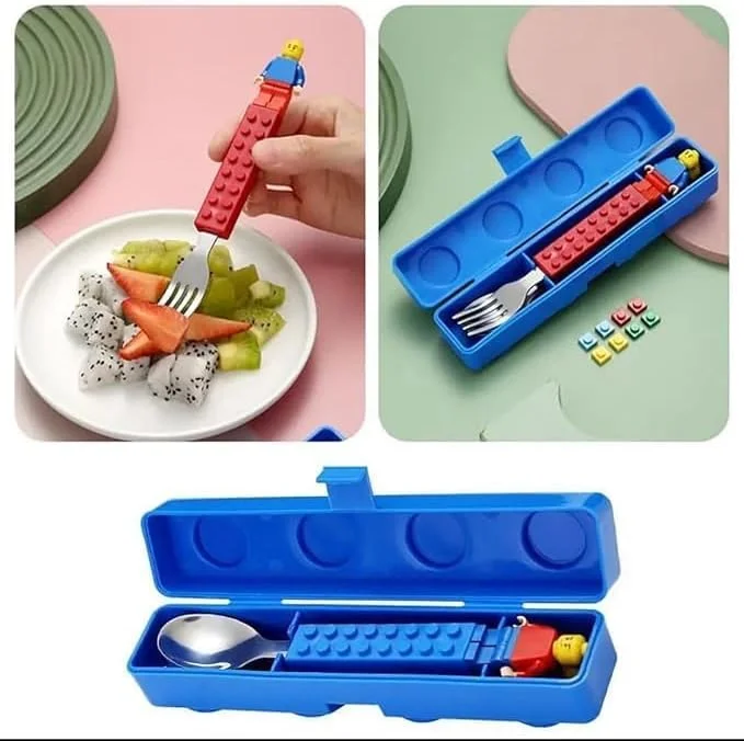 ست کارد و چنگال کودکانه استیل جی اند جا طرح بلوک ساختمانی، 3 تکه شامل قاشق و چنگال، ست ناهار تعاملی با اشکال ست کارد و چنگال کودکانه استیل جی اند جا طرح بلوک ساختمانی، 3 تکه شامل قاشق و چنگال، ست ناهار تعاملی با اشکال