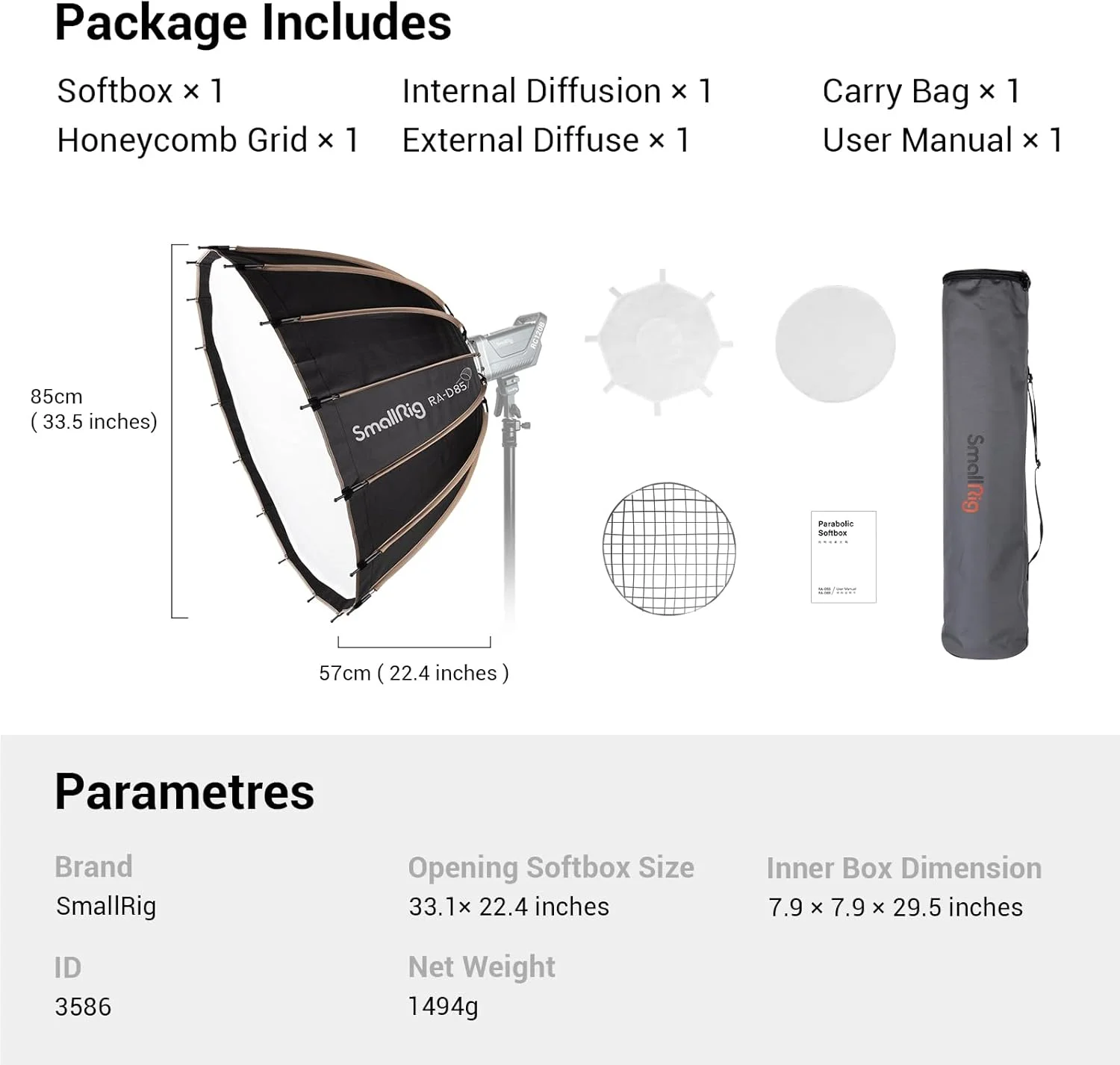 نرم باکس پارابولیک SMALLRIG (RA-D85)، نرم باکس گرید با رهاسازی سریع 85 سانتیمتری/33.5 اینچی با سیستم نصب Bowens برای SMALLRIG RC 120D/RC 120B/RC 220D/RC 220B و سایر نورهای دارای نصب Bowens – 3586 نرم باکس پارابولیک SMALLRIG (RA-D85)، نرم باکس گرید با رهاسازی سریع 85 سانتیمتری/33.5 اینچی با سیستم نصب Bowens برای SMALLRIG RC 120D/RC 120B/RC 220D/RC 220B و سایر نورهای دارای نصب Bowens – 3586