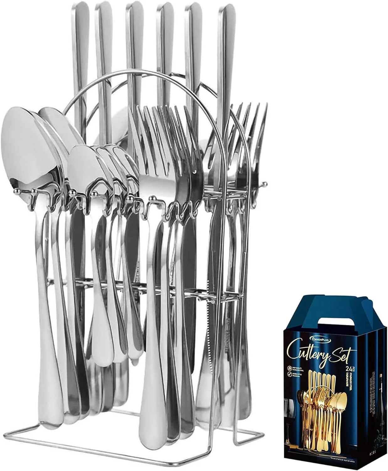 HavenPlus Cutlery Set, 24 Pieces, Silverware Set for 4, Includes Knives Forks Spoons with Stand, Silver HavenPlus Cutlery Set, 24 Pieces, Silverware Set for 4, Includes Knives Forks Spoons with Stand, Silver
