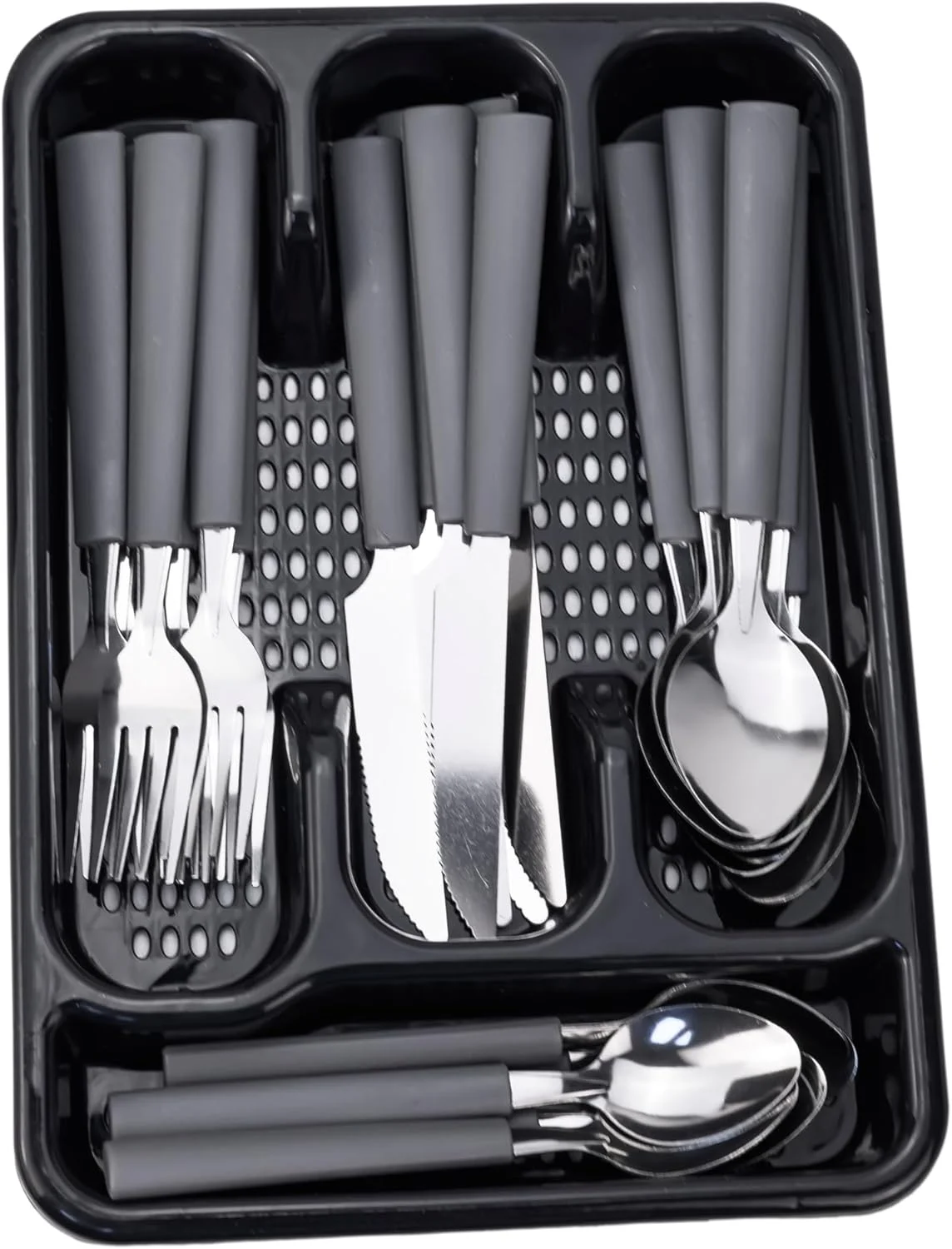 ست قاشق و چنگال با کیفیت بالا، ست 25 پارچه (چاقو، قاشق، چنگال، قاشق چای خوری، جعبه لوازم غذاخوری - خاکستری (CS-25-102)