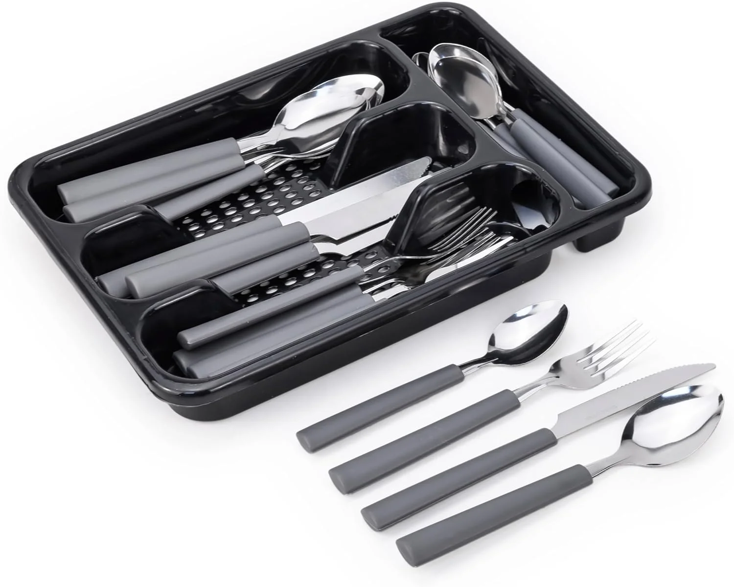 ست قاشق و چنگال با کیفیت بالا، ست 25 پارچه (چاقو، قاشق، چنگال، قاشق چای خوری، جعبه لوازم غذاخوری - خاکستری (CS-25-102)