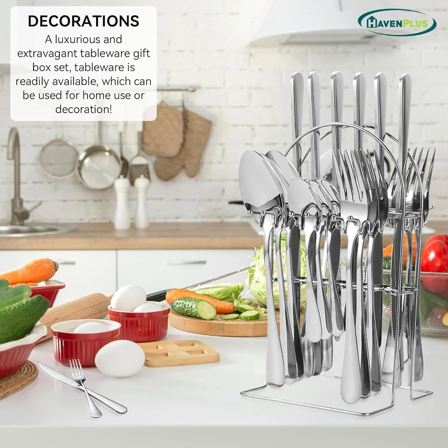 HavenPlus Cutlery Set, 24 Pieces, Silverware Set for 4, Includes Knives Forks Spoons with Stand, Silver HavenPlus Cutlery Set, 24 Pieces, Silverware Set for 4, Includes Knives Forks Spoons with Stand, Silver