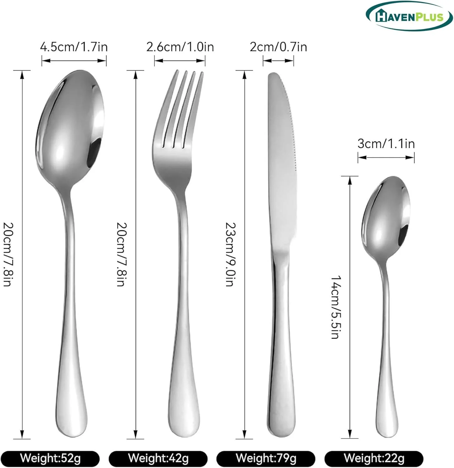 HavenPlus Cutlery Set, 24 Pieces, Silverware Set for 4, Includes Knives Forks Spoons with Stand, Silver HavenPlus Cutlery Set, 24 Pieces, Silverware Set for 4, Includes Knives Forks Spoons with Stand, Silver