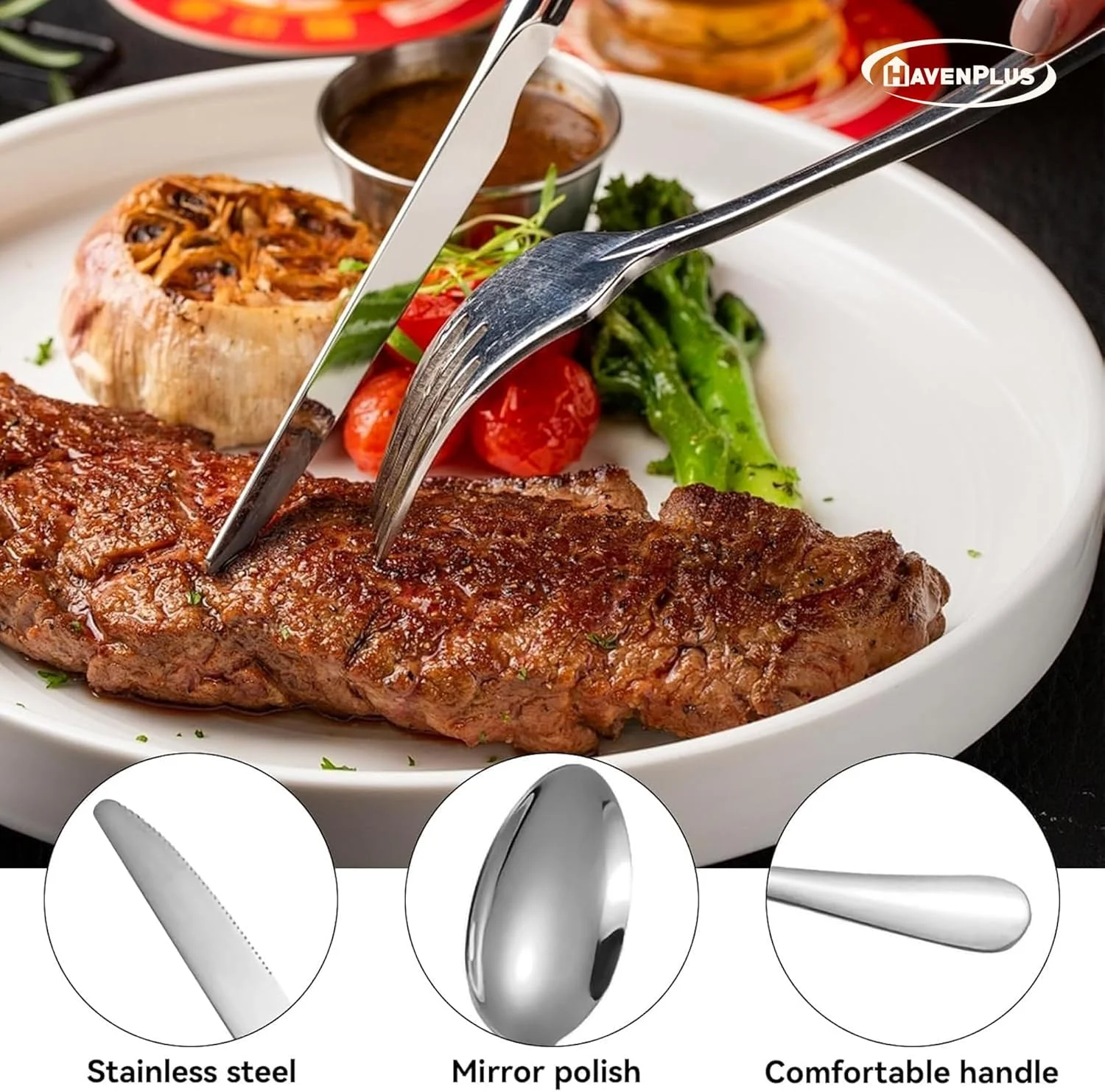 HavenPlus Cutlery Set, 24 Pieces, Silverware Set for 4, Includes Knives Forks Spoons with Stand, Silver HavenPlus Cutlery Set, 24 Pieces, Silverware Set for 4, Includes Knives Forks Spoons with Stand, Silver