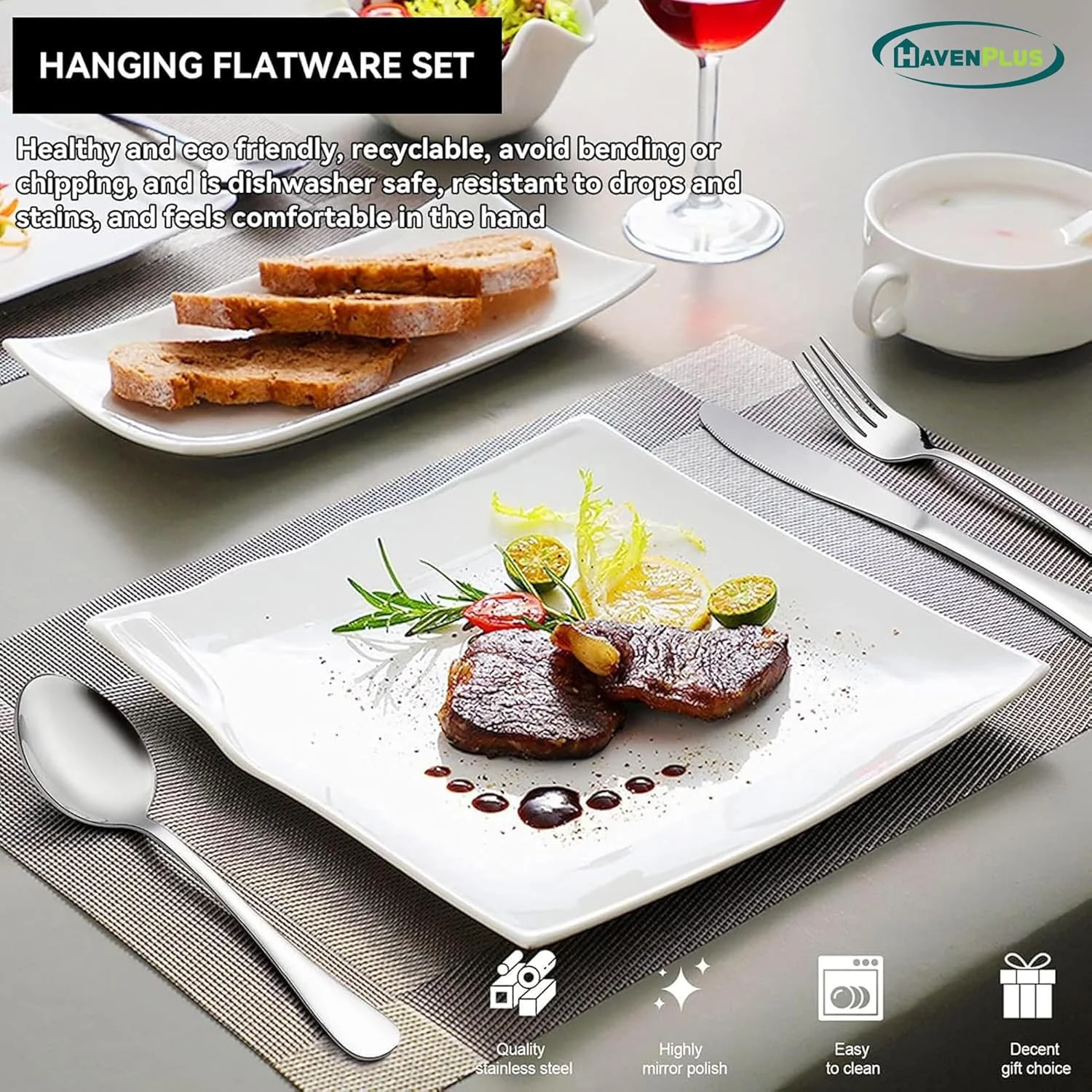 HavenPlus Cutlery Set, 24 Pieces, Silverware Set for 4, Includes Knives Forks Spoons with Stand, Silver HavenPlus Cutlery Set, 24 Pieces, Silverware Set for 4, Includes Knives Forks Spoons with Stand, Silver