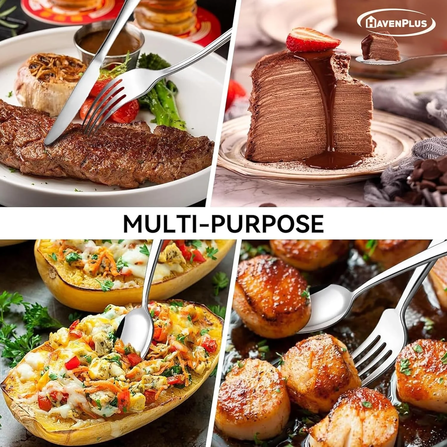 HavenPlus Cutlery Set, 24 Pieces, Silverware Set for 4, Includes Knives Forks Spoons with Stand, Silver HavenPlus Cutlery Set, 24 Pieces, Silverware Set for 4, Includes Knives Forks Spoons with Stand, Silver