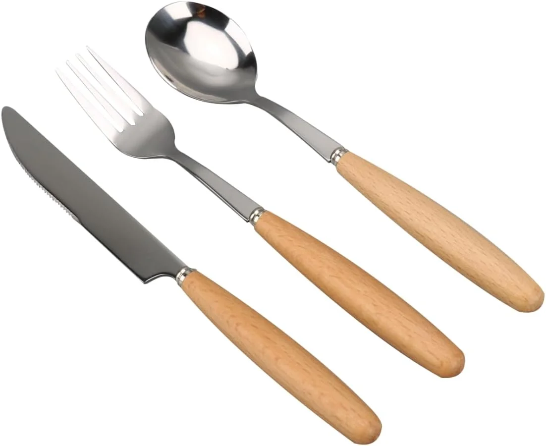 ست کارد و چنگال استیل 3 تکه Giftology | ست قاشق چنگال دسته چوبی کوتاه برای 1 نفر ست کارد و چنگال استیل 3 تکه Giftology | ست قاشق چنگال دسته چوبی کوتاه برای 1 نفر