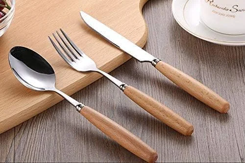 ست کارد و چنگال استیل 3 تکه Giftology | ست قاشق چنگال دسته چوبی کوتاه برای 1 نفر ست کارد و چنگال استیل 3 تکه Giftology | ست قاشق چنگال دسته چوبی کوتاه برای 1 نفر