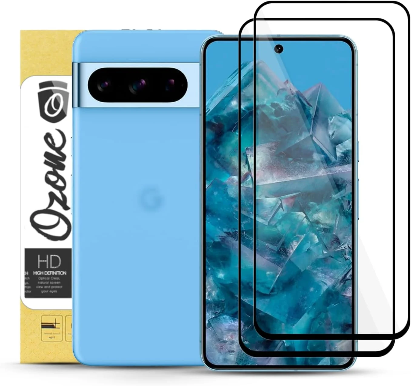 محافظ صفحه نمایش O Ozone [بسته 2 عددی] برای Google Pixel 8 Pro، محافظ صفحه نمایش با پوشش کامل مقاوم در برابر خش با سختی 9H، محافظ صفحه شیشه ای حرارت دیده فوق العاده نازک HD - مشکی