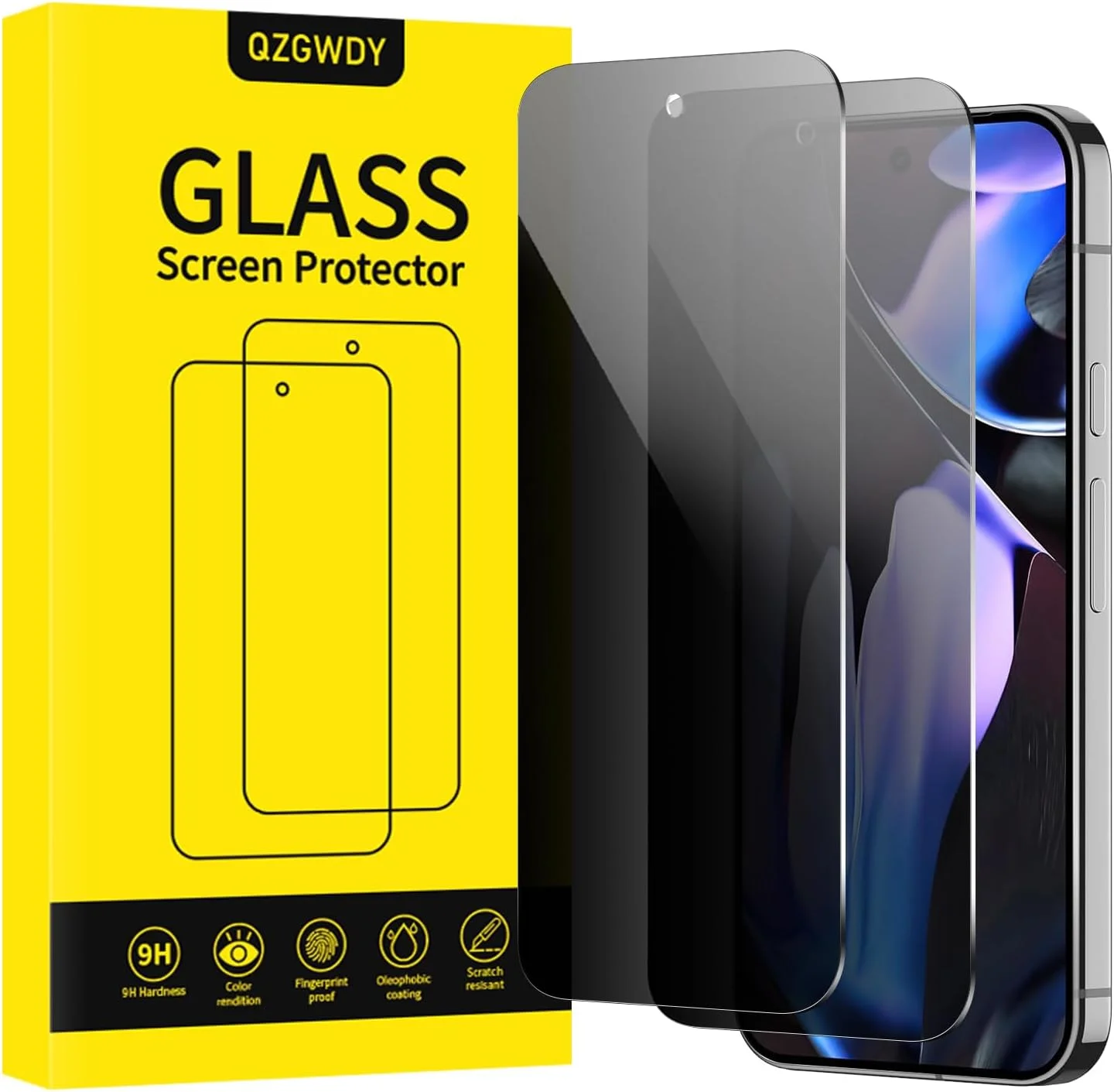 محافظ صفحه نمایش شیشه ای حریم خصوصی QZGWDY برای Google Pixel 9 Pro XL، بسته 2 عددی فیلم محافظ صفحه بدون حباب، سختی 9H، نصب آسان